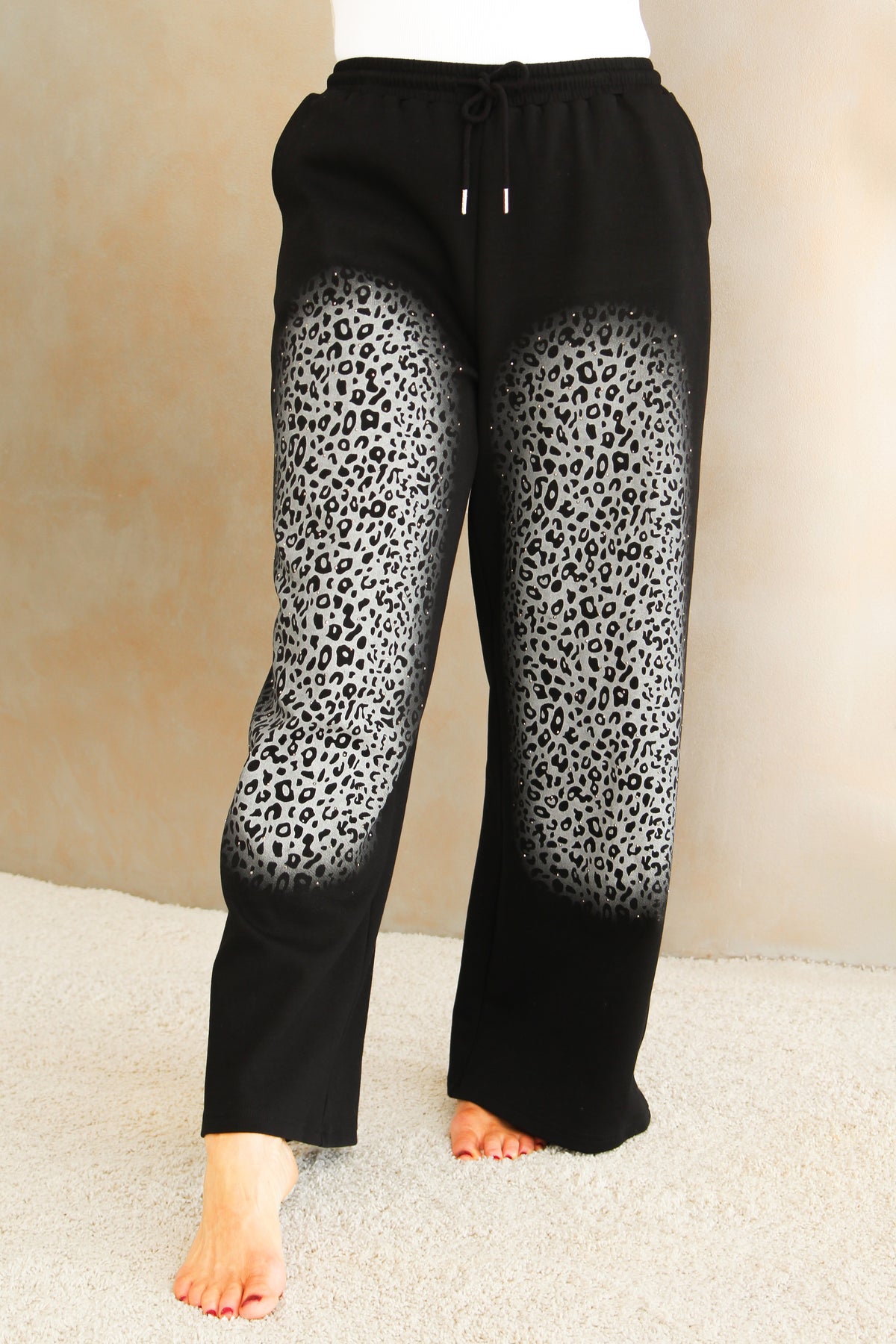 Wide Legged Joggers w/ Leopard Print & Rhinestone Front
