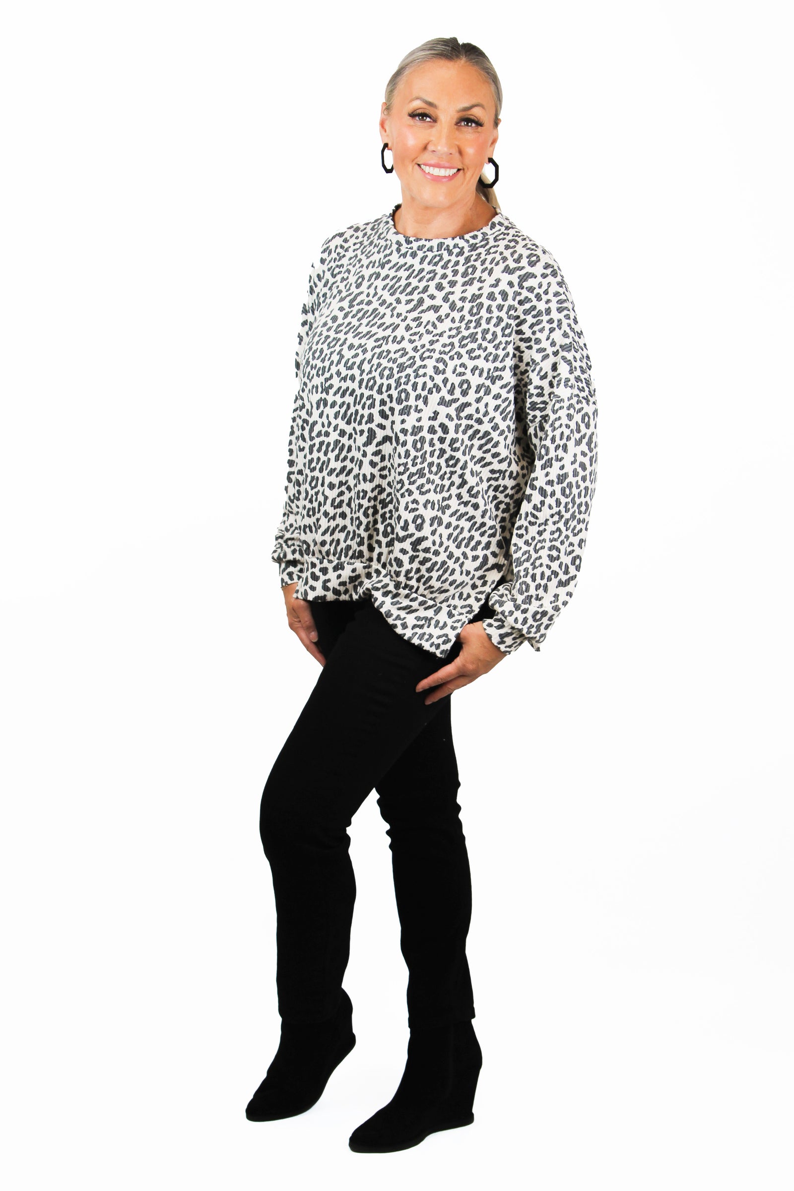 Leopard Print Side Slit Banded Wrist & Bottom Top