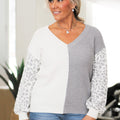 Leopard Print Arm Accent V-Neck Split Color Knit Sweater