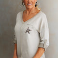 Leopard Star V-Neck Mixed Fabric Top w/ Rollup Sleeves