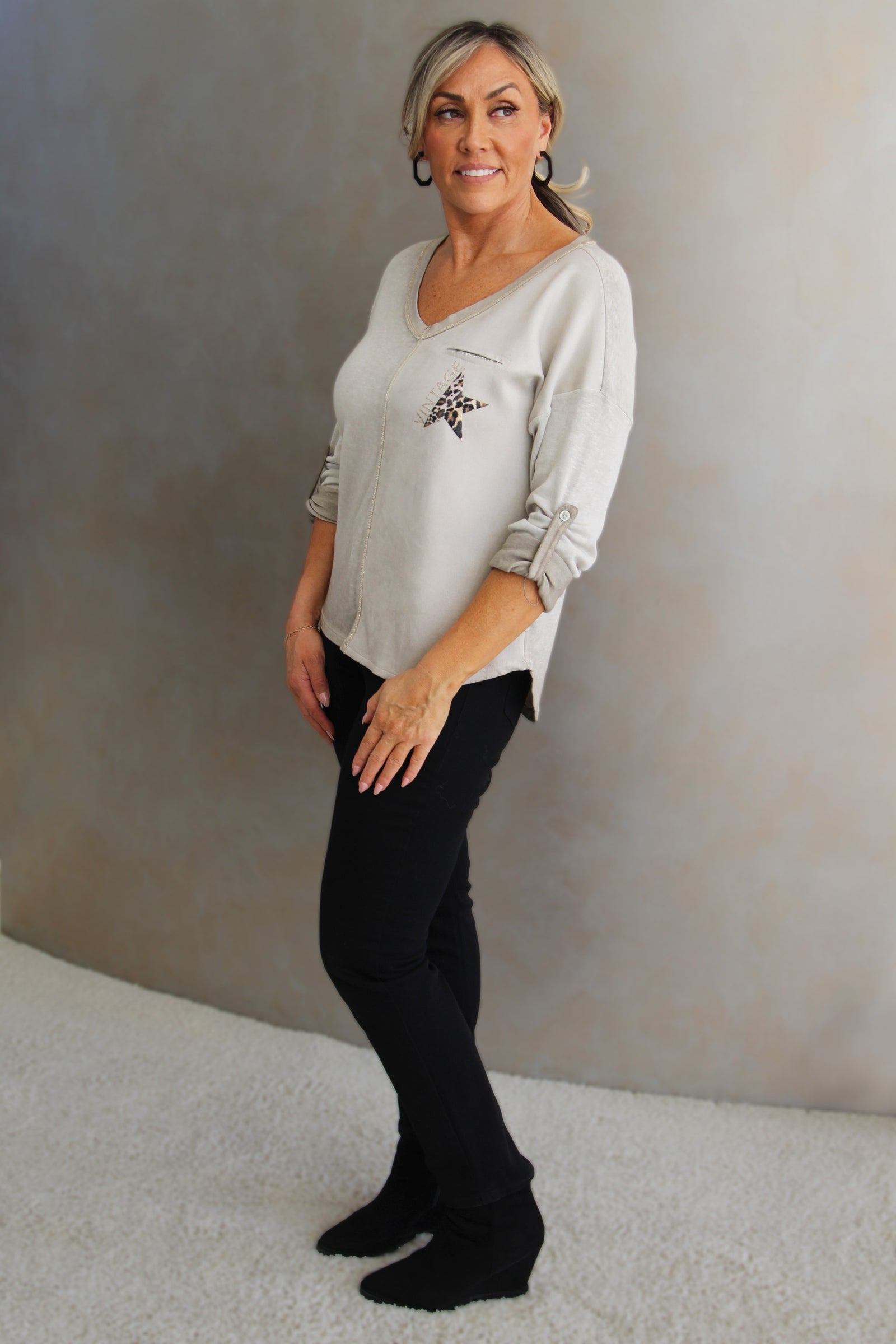 Leopard Star V-Neck Mixed Fabric Top w/ Rollup Sleeves