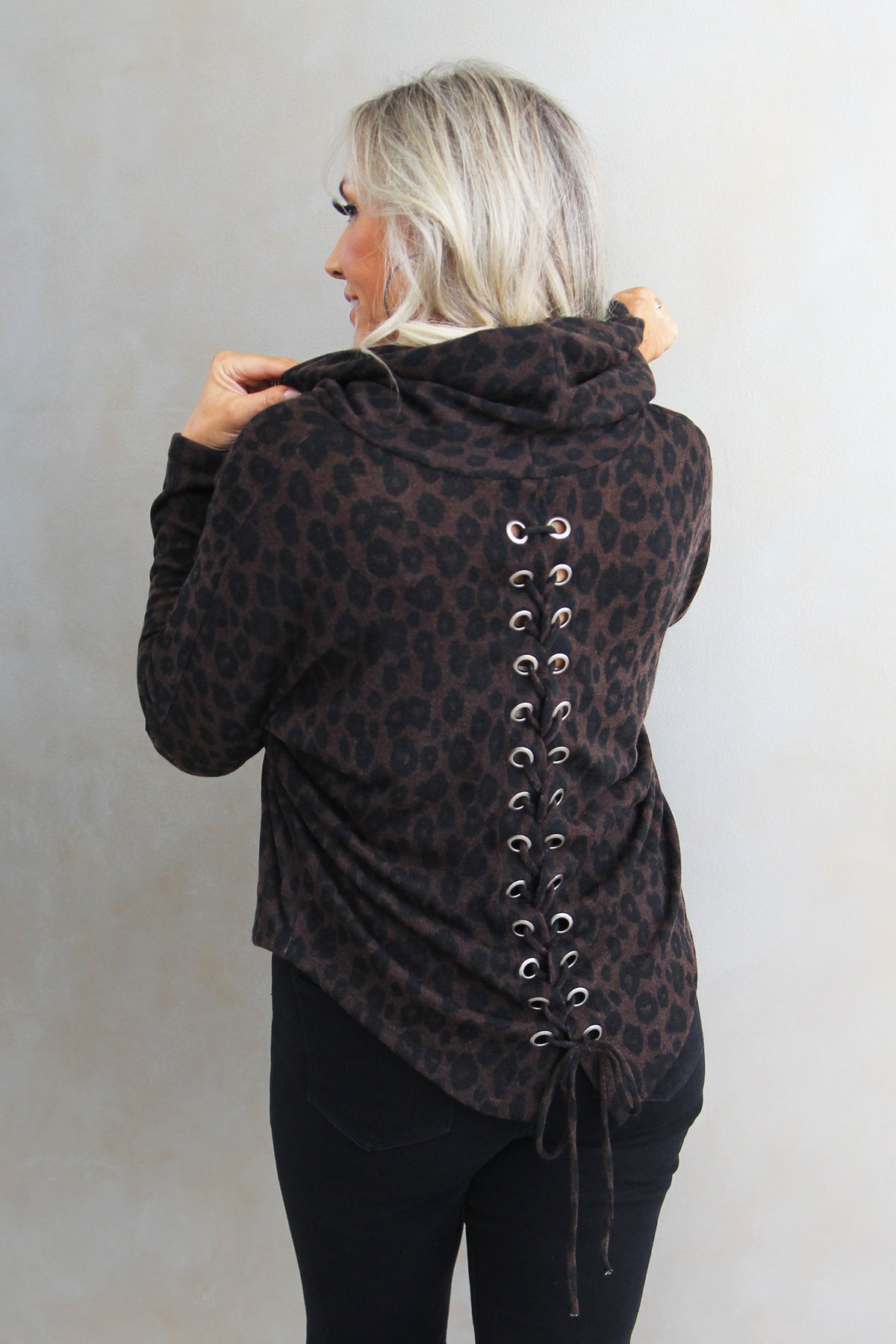 Leopard Cowl Sweater W/ Lace Up Back Tie