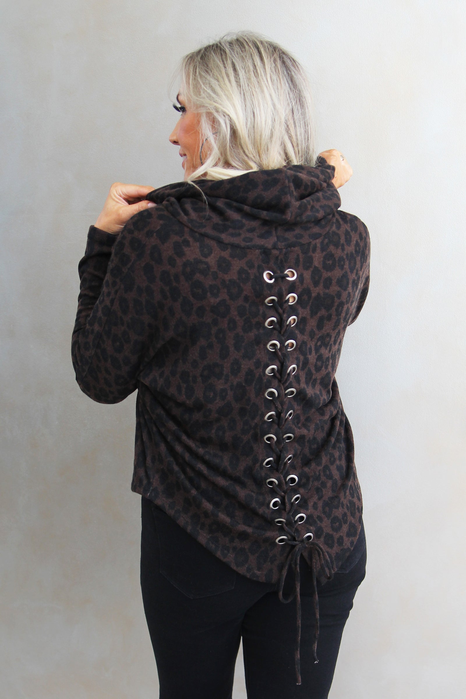 Leopard Cowl Sweater W/ Lace Up Back Tie