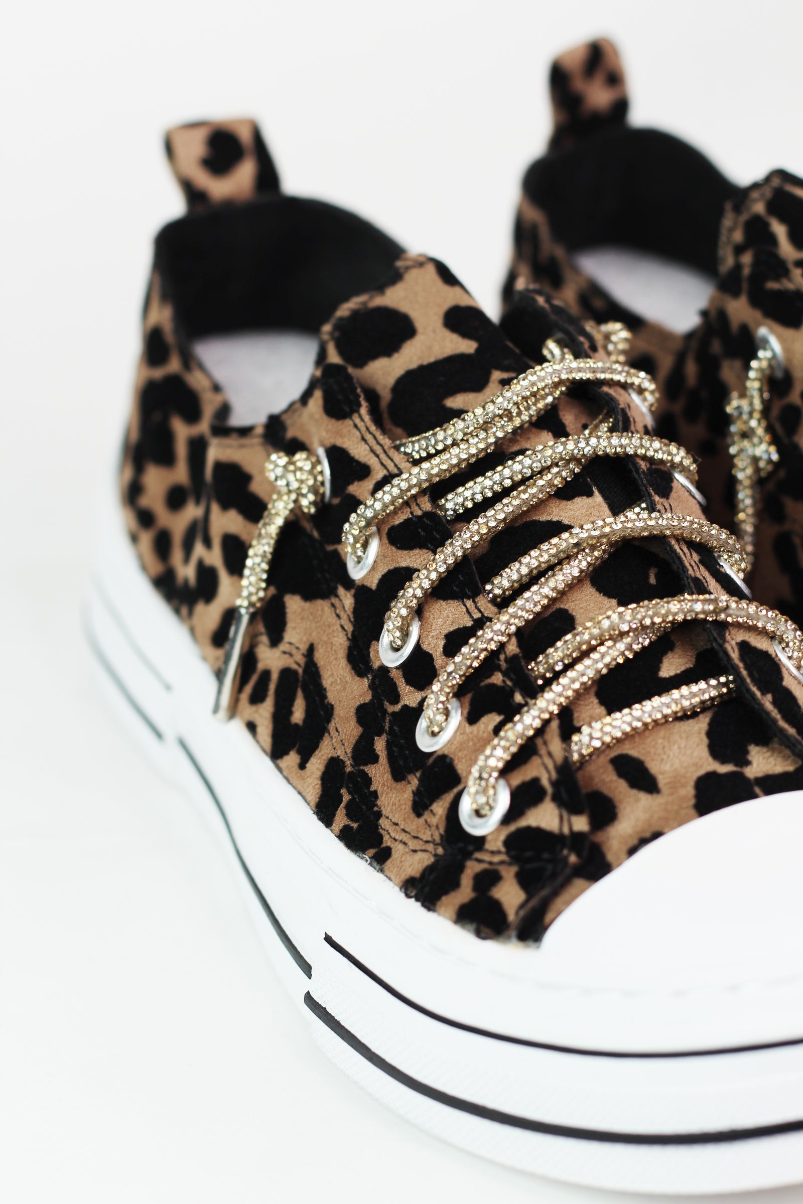Leopard Velvet Sneakers w/ Rhinestone Shoe Laces