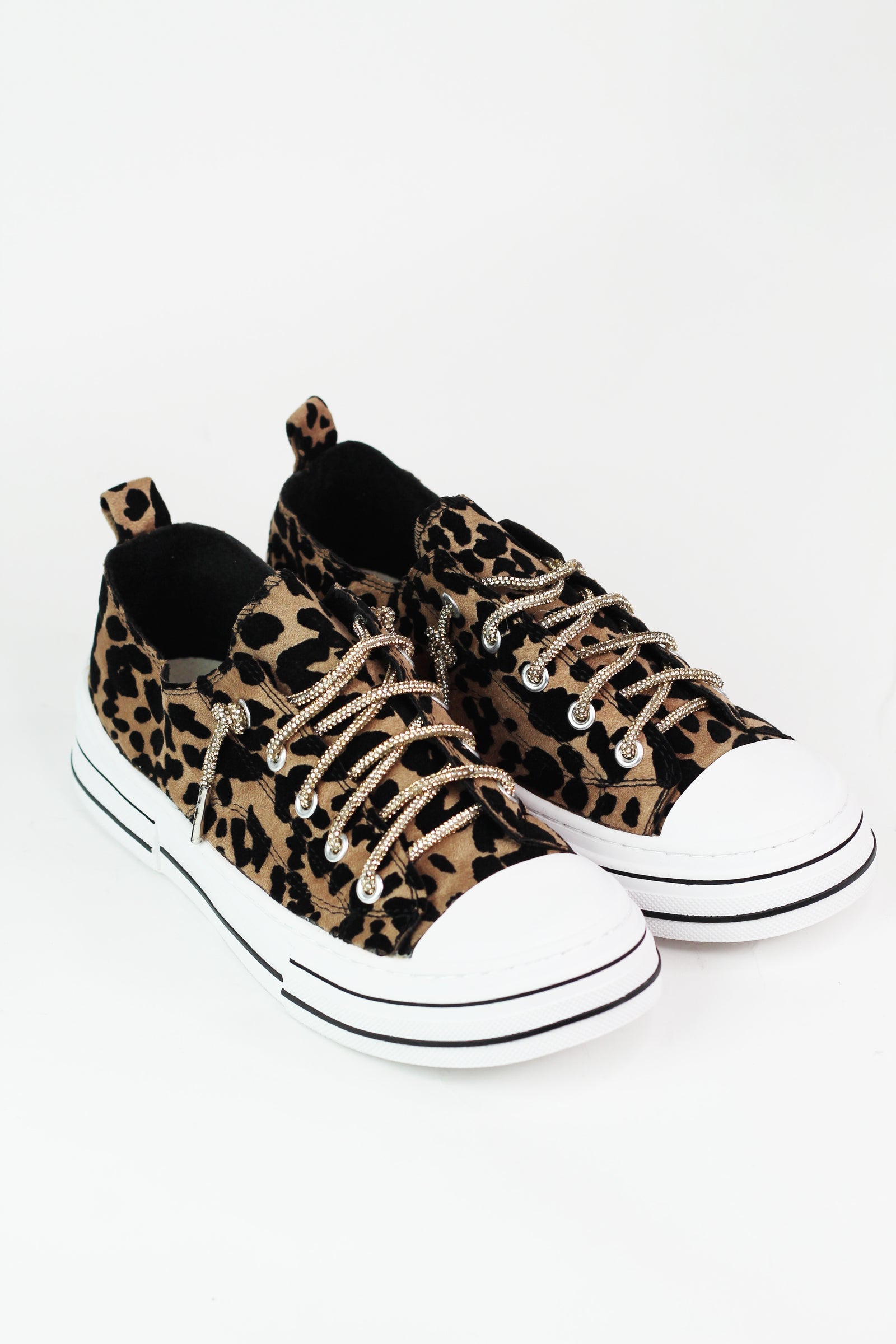 Leopard Velvet Sneakers w/ Rhinestone Shoe Laces