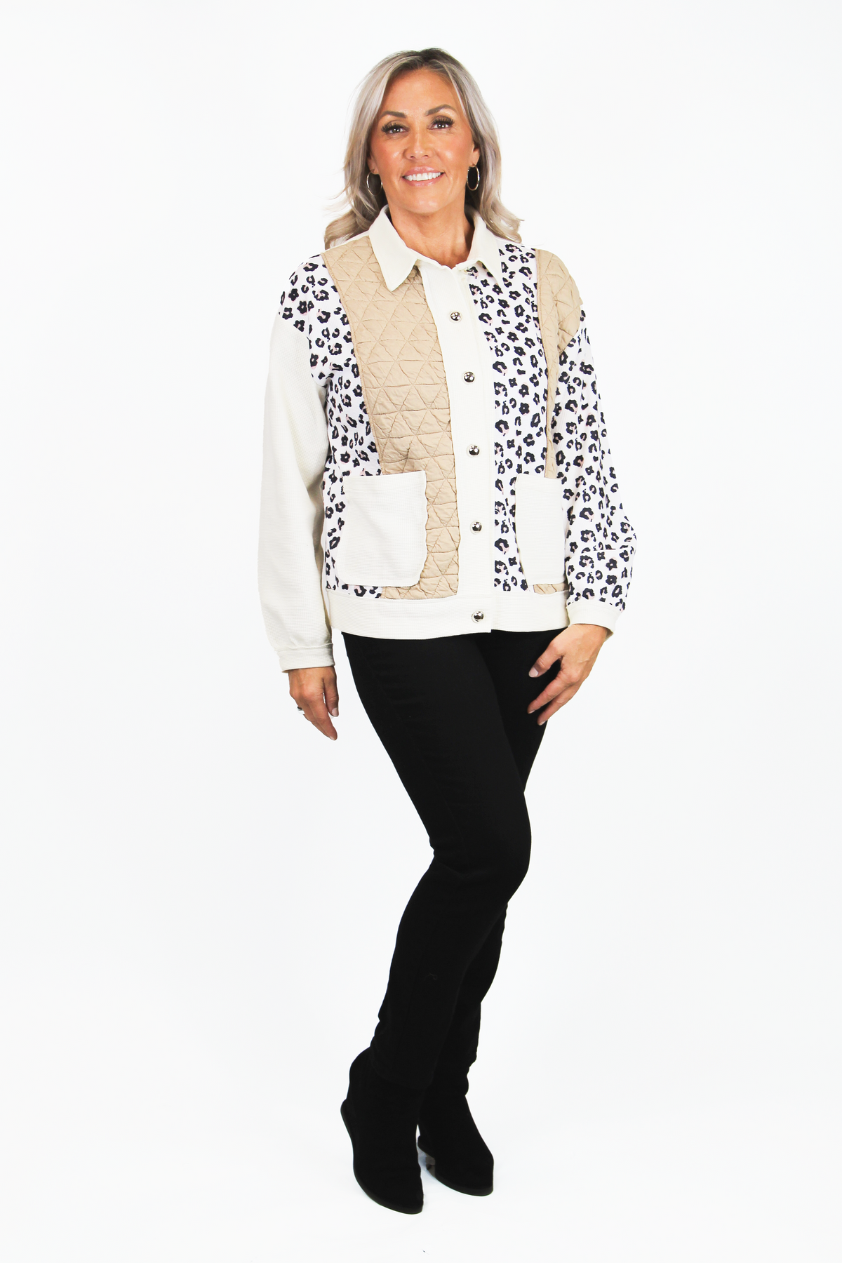 Leopard Waffle Patchwork Button Down Jacket (SALE)