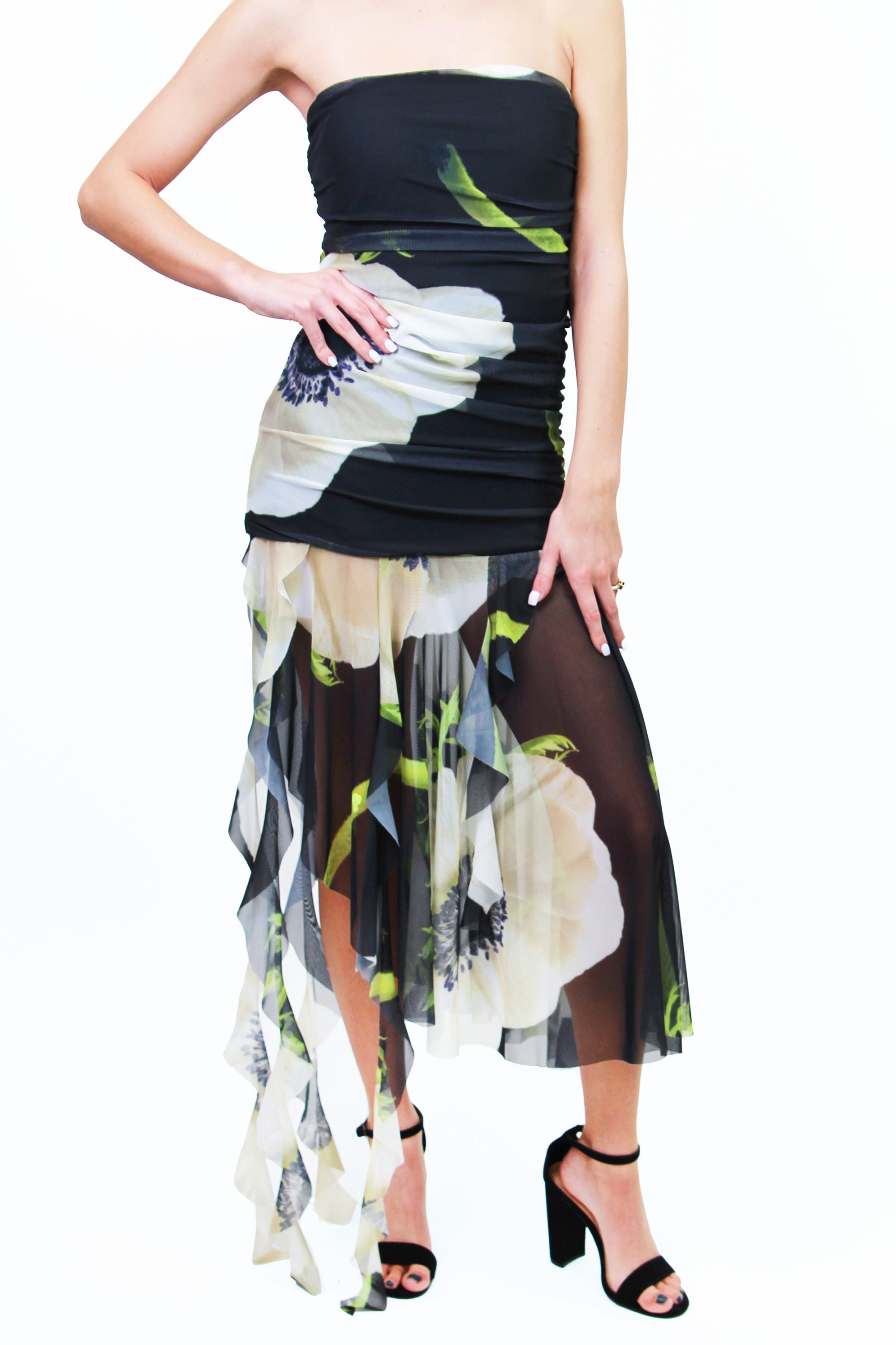 Floral Print Mesh Strapless Ruffle Maxi Dress (SALE) Floral Print Mesh Strapless Ruffle Maxi Dress (SALE)