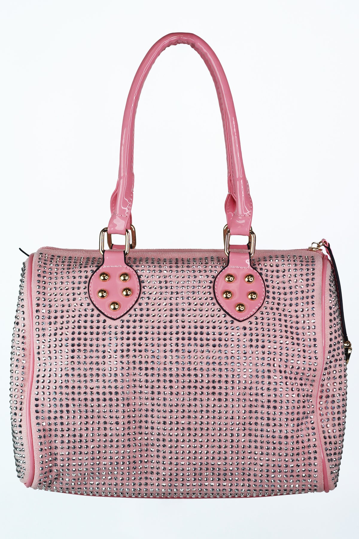 All Over Rhinestone Duffle Purse w/ Faux Patent Leather Accents