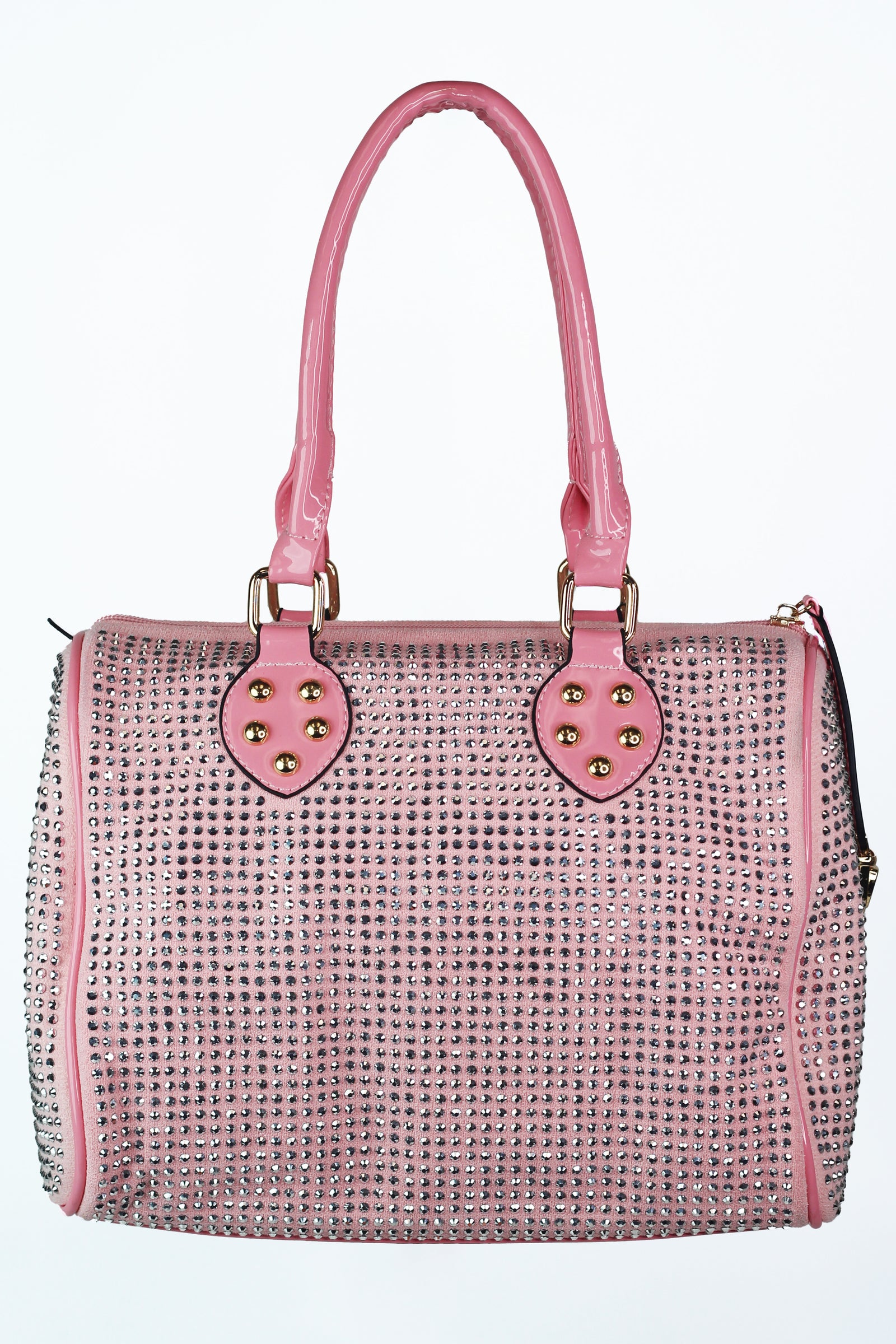 All Over Rhinestone Duffle Purse w/ Faux Patent Leather Accents