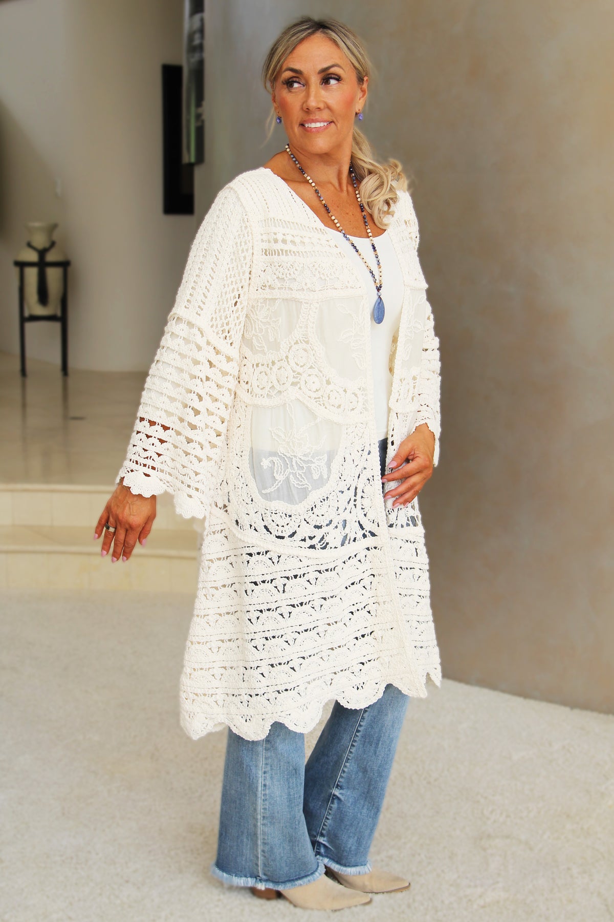 Long Cream Crochet Sweater