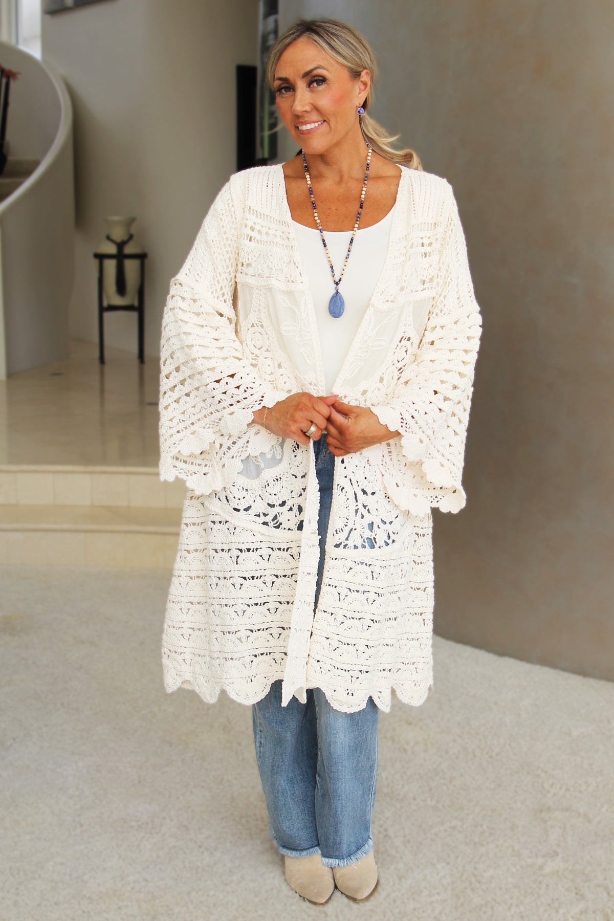 Long Cream Crochet Sweater