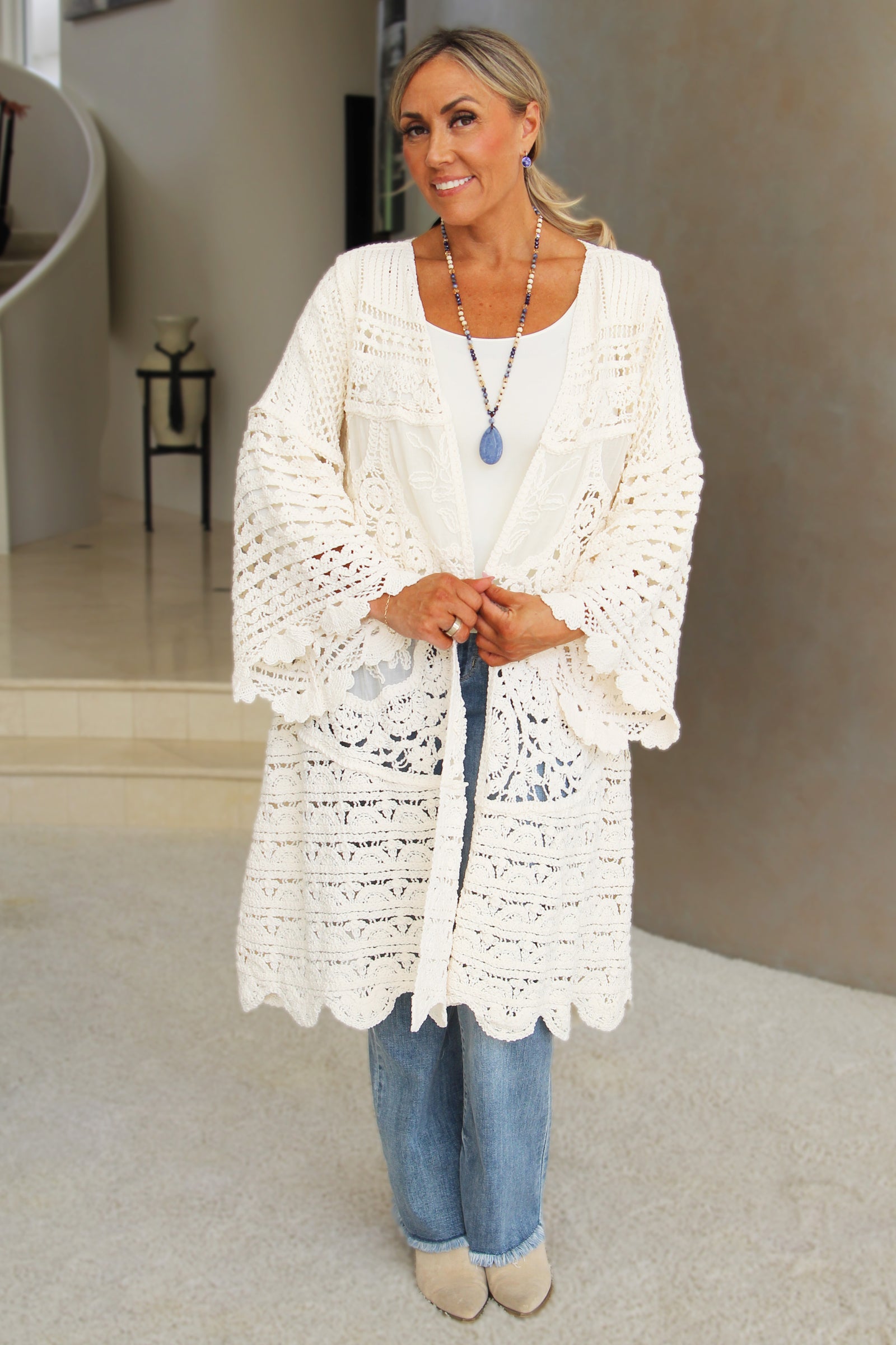 Long Cream Crochet Sweater