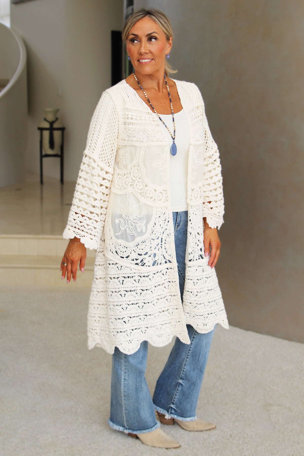 Long Cream Crochet Sweater
