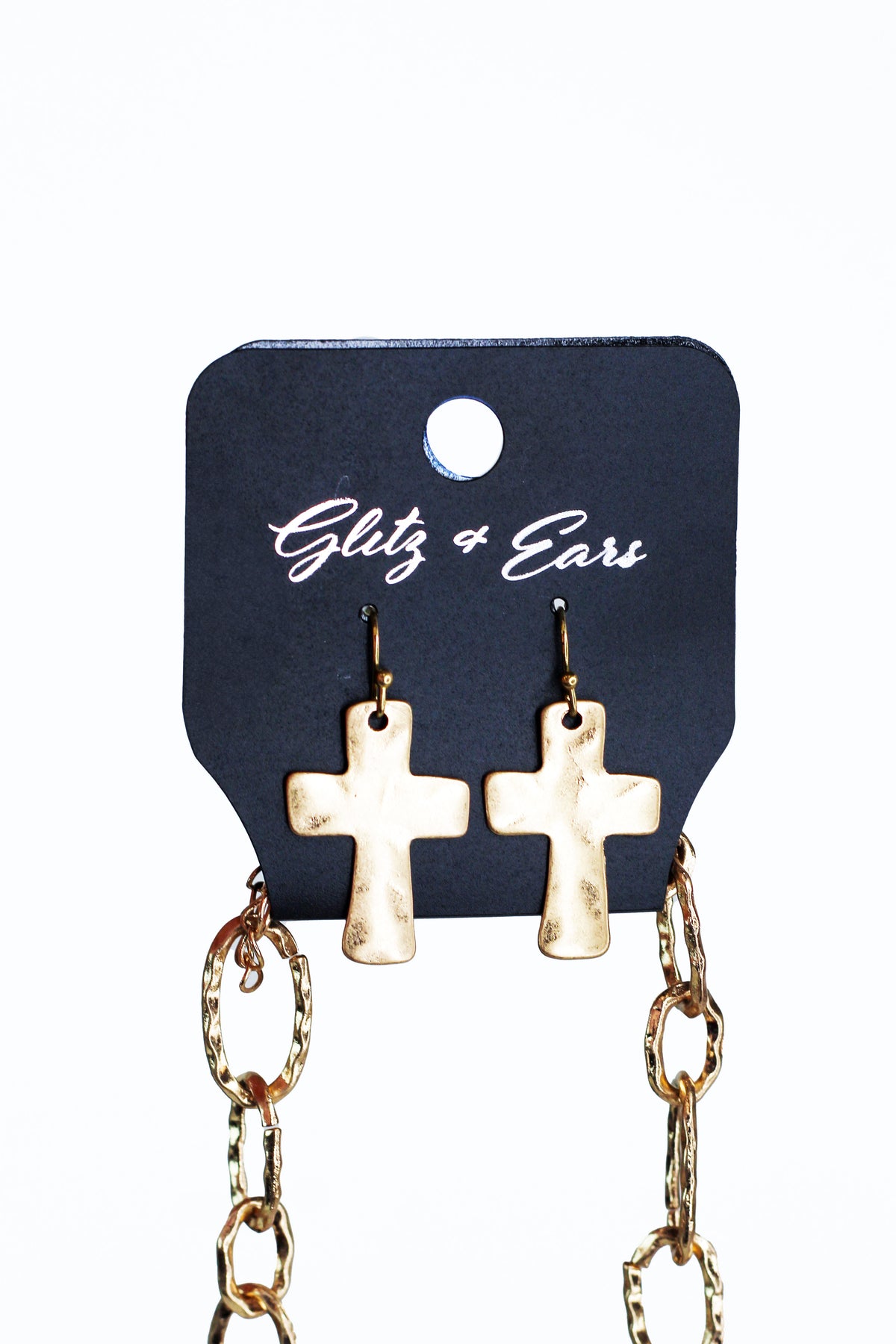 Long Hammered Medal Oval Link Chain w/ Cross & Pearl Accents Necklace - Glitz & Ears Boutique