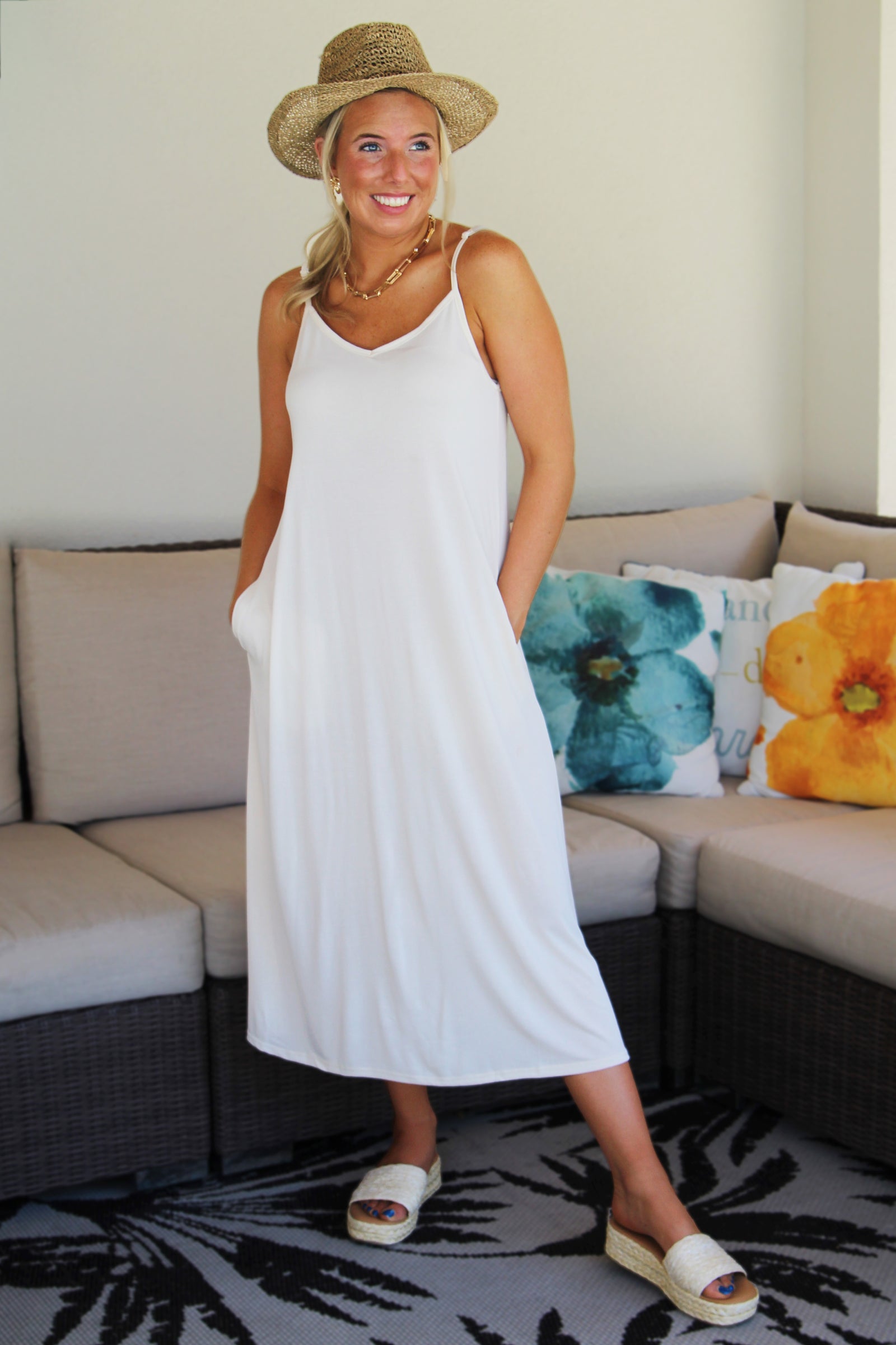V-Neck Adjustable Strap Maxi Dress w/ Pockets