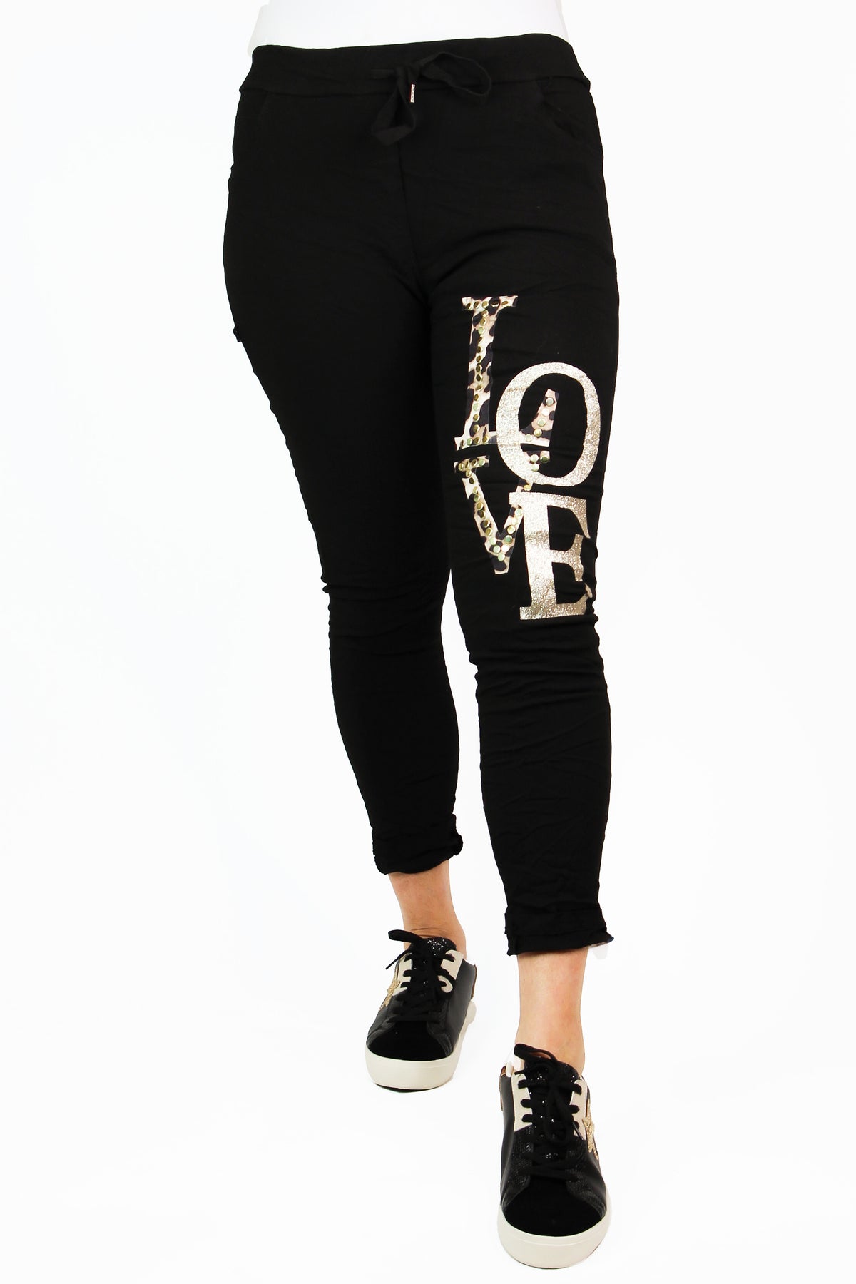 Crinkled Drawstring Joggers w/ Leopard &amp; Glitter "LOVE" and Rivet Accents
