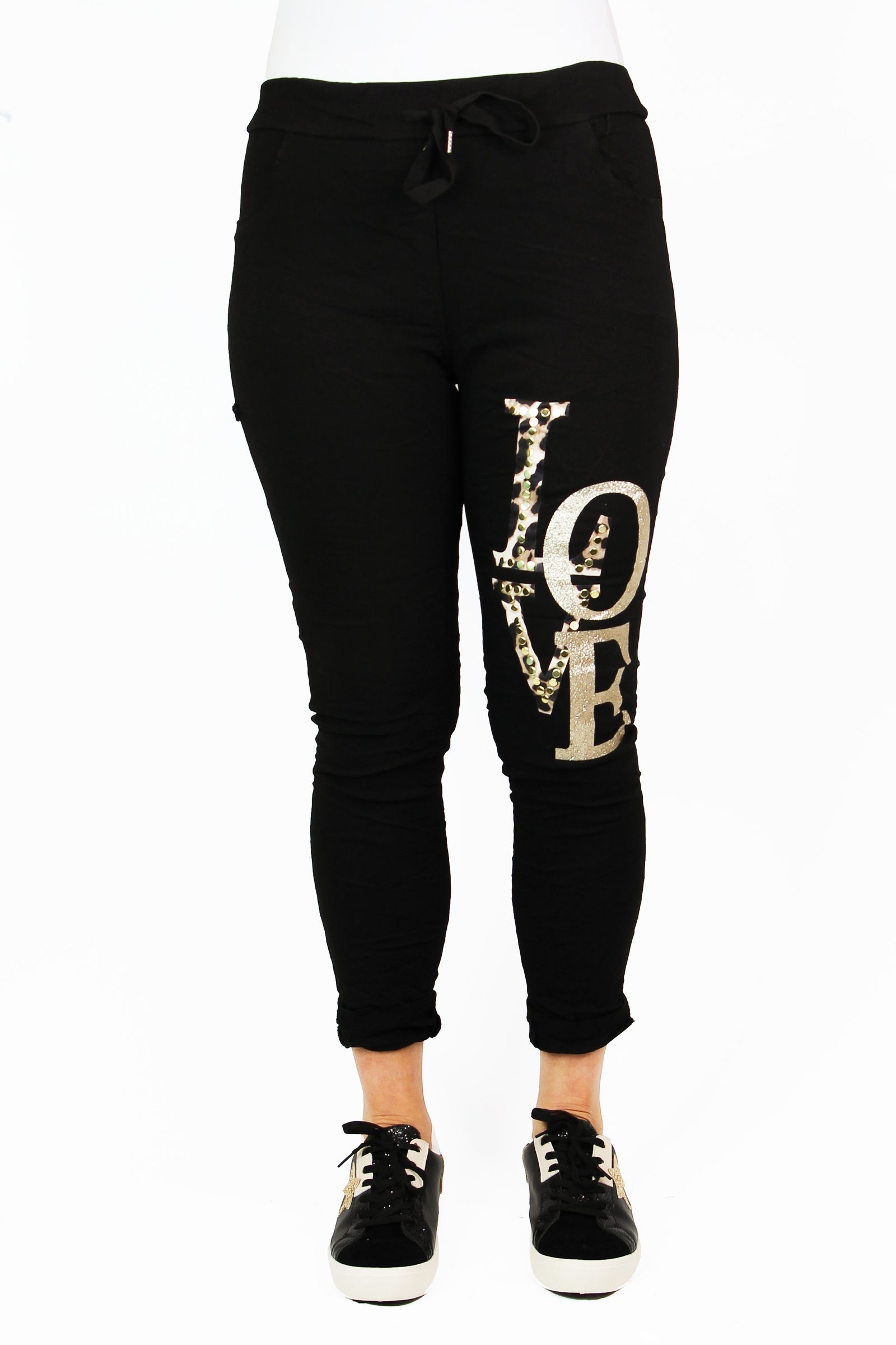 Crinkled Drawstring Joggers w/ Leopard & Glitter "LOVE" and Rivet Accents