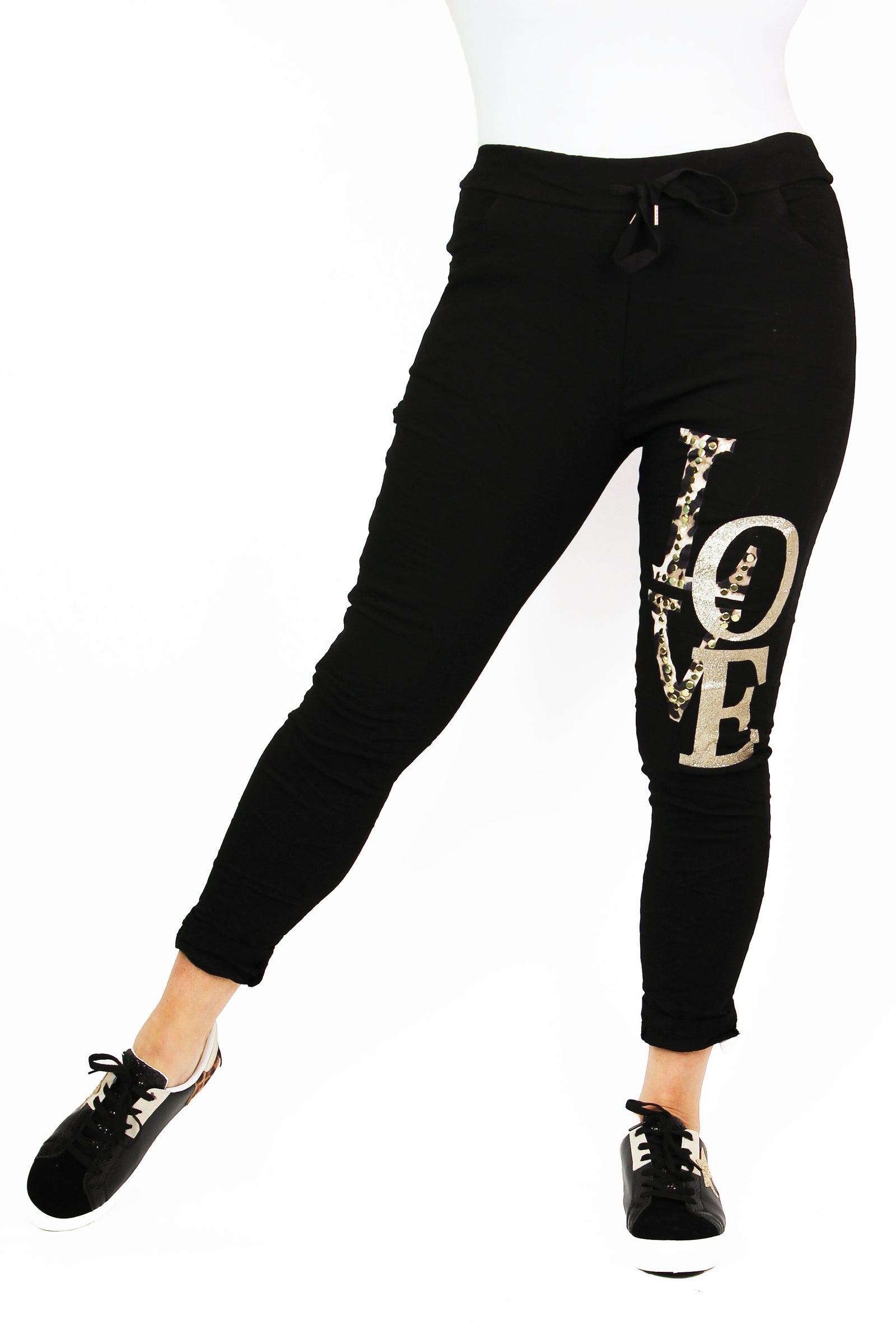 Crinkled Drawstring Joggers w/ Leopard & Glitter "LOVE" and Rivet Accents