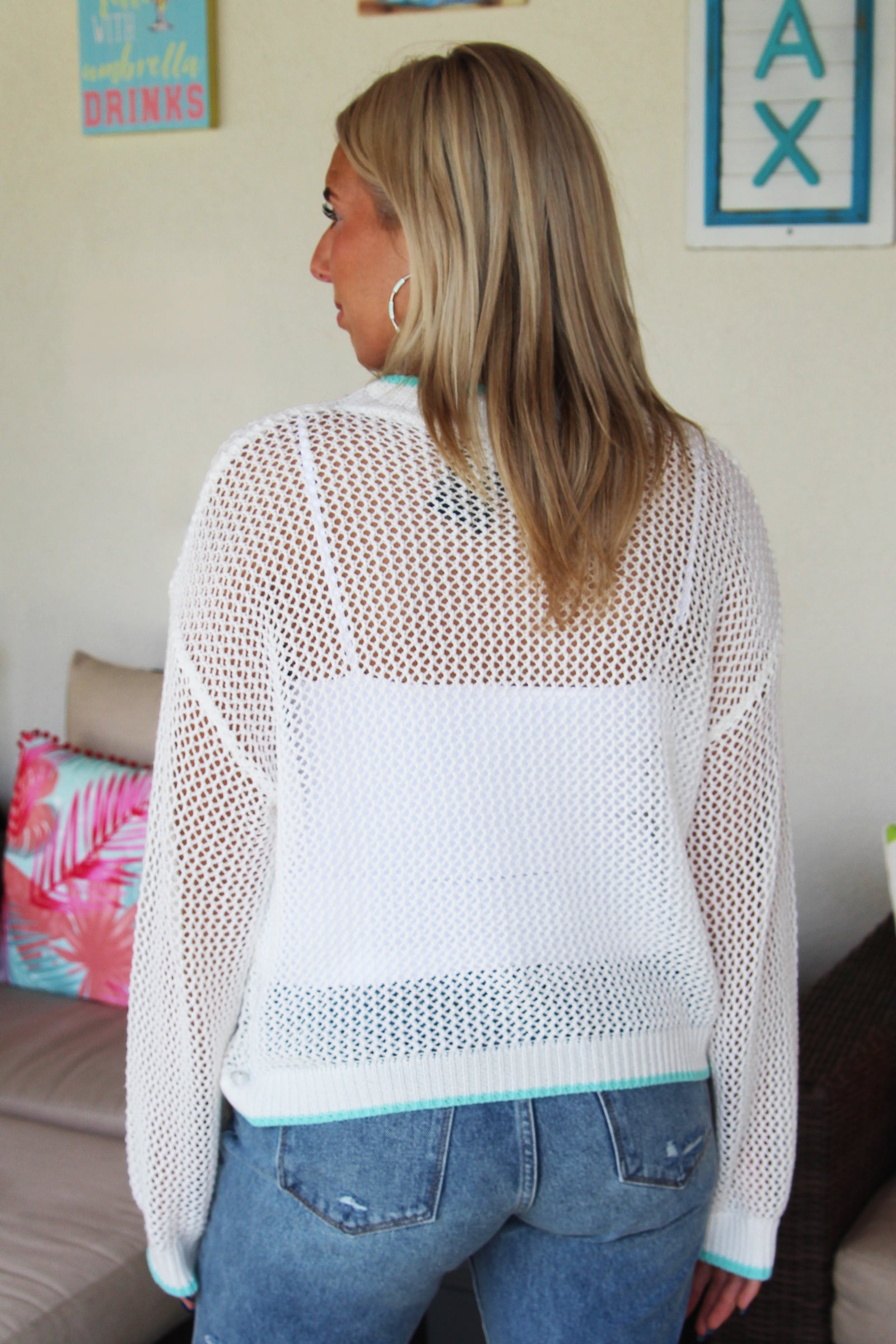Open Knit Palm Tree Sweater w/ Contrast Trim