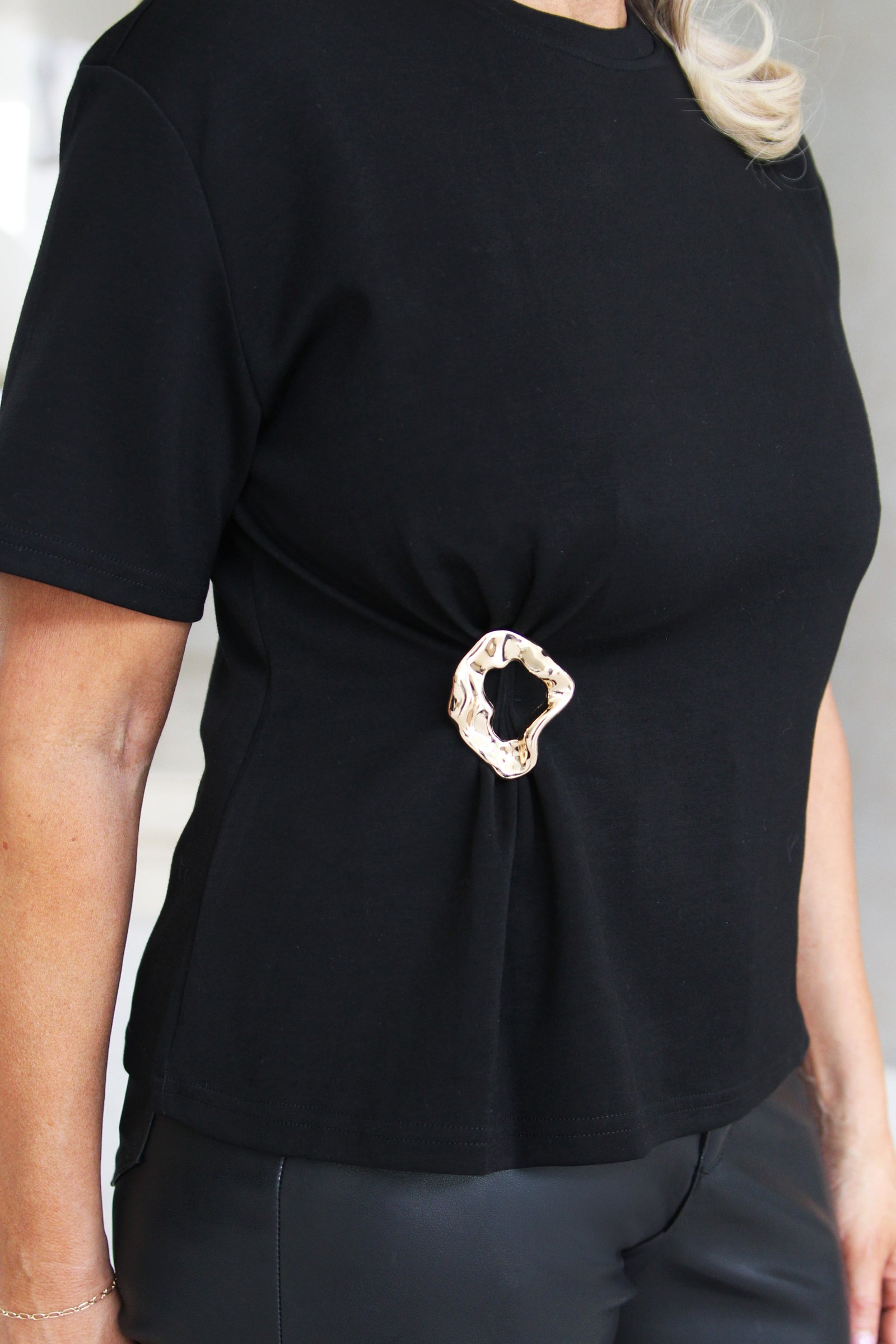 Round Neck Knit Top W/ Side Metal Embellishment
