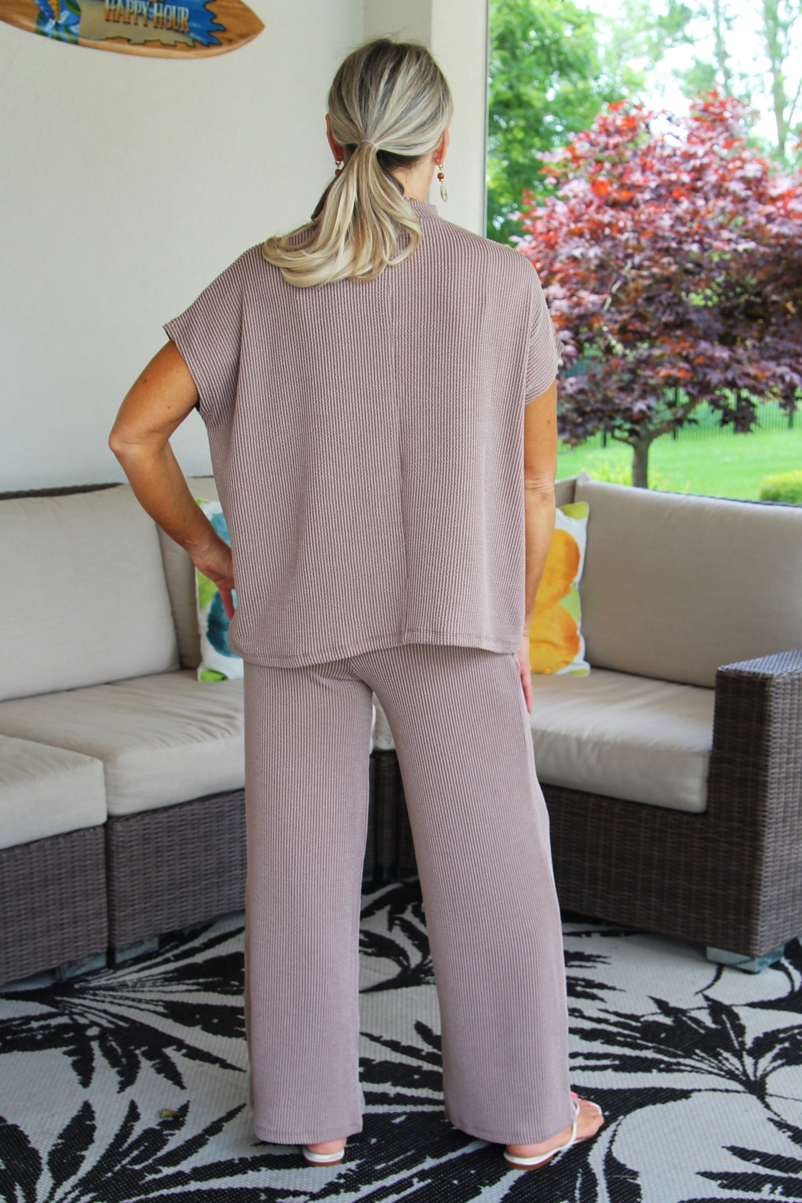 Ribbed Knit Short Sleeve Top & Wide Leg Pants Set