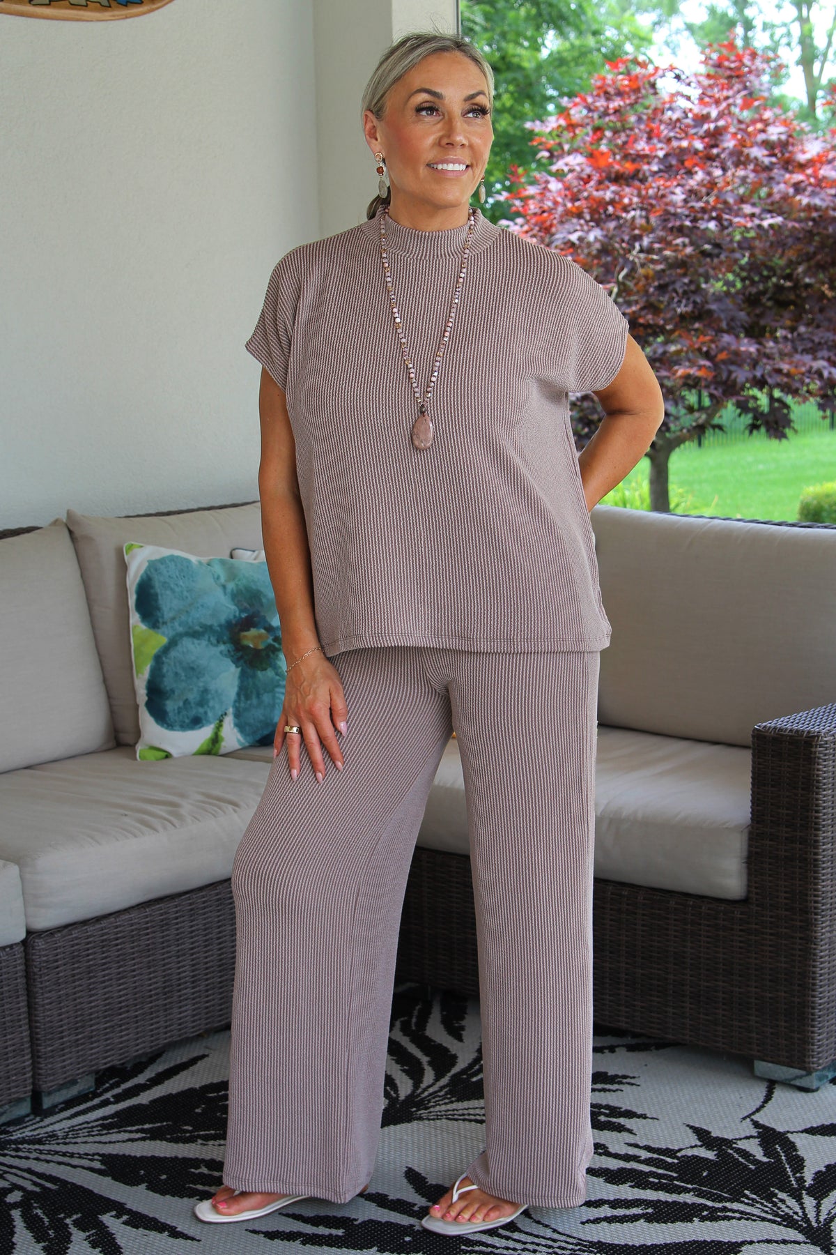 Ribbed Knit Short Sleeve Top & Wide Leg Pants Set