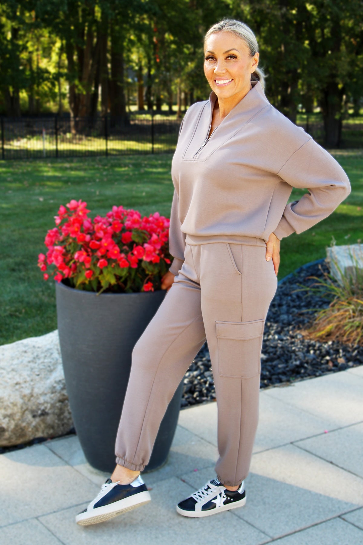 V-Neck Zip Scuba Sweatshirt & Joggers w/ Pockets Set