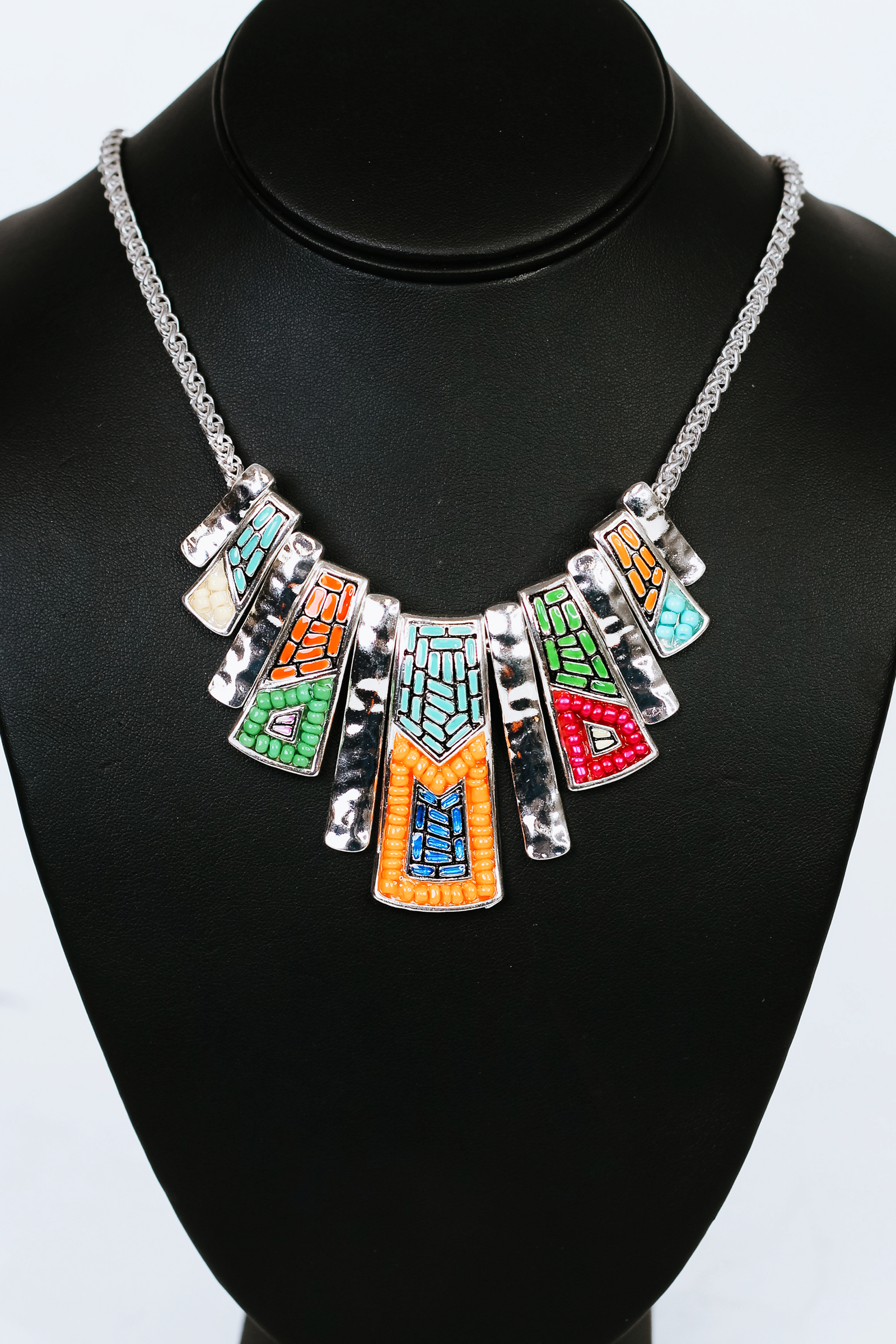 Beaded Mosaic & Hammered Metal Statement Necklace