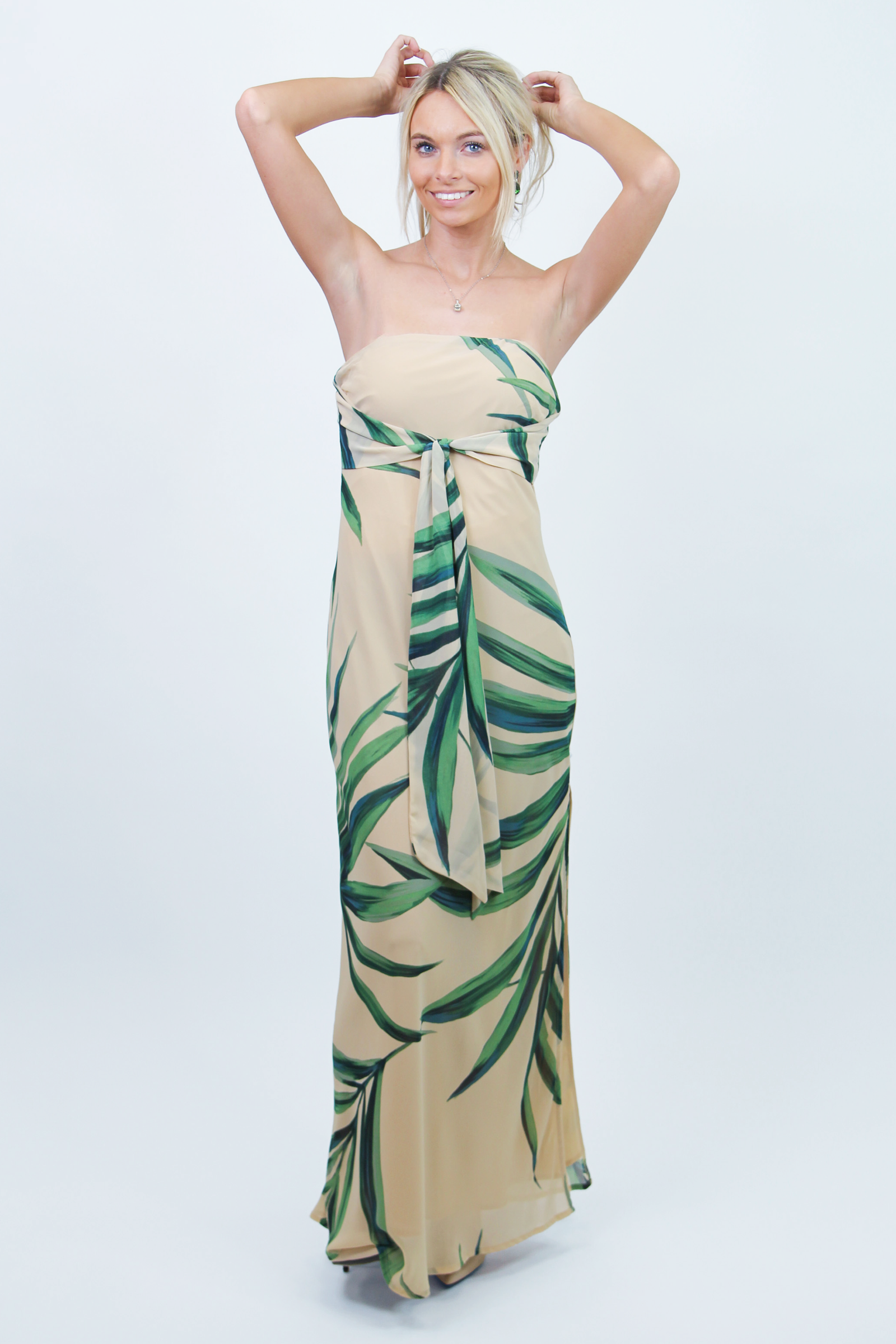 Strapless Tropical Print Maxi Dress w/ Tie Front and Side Slit (SALE)