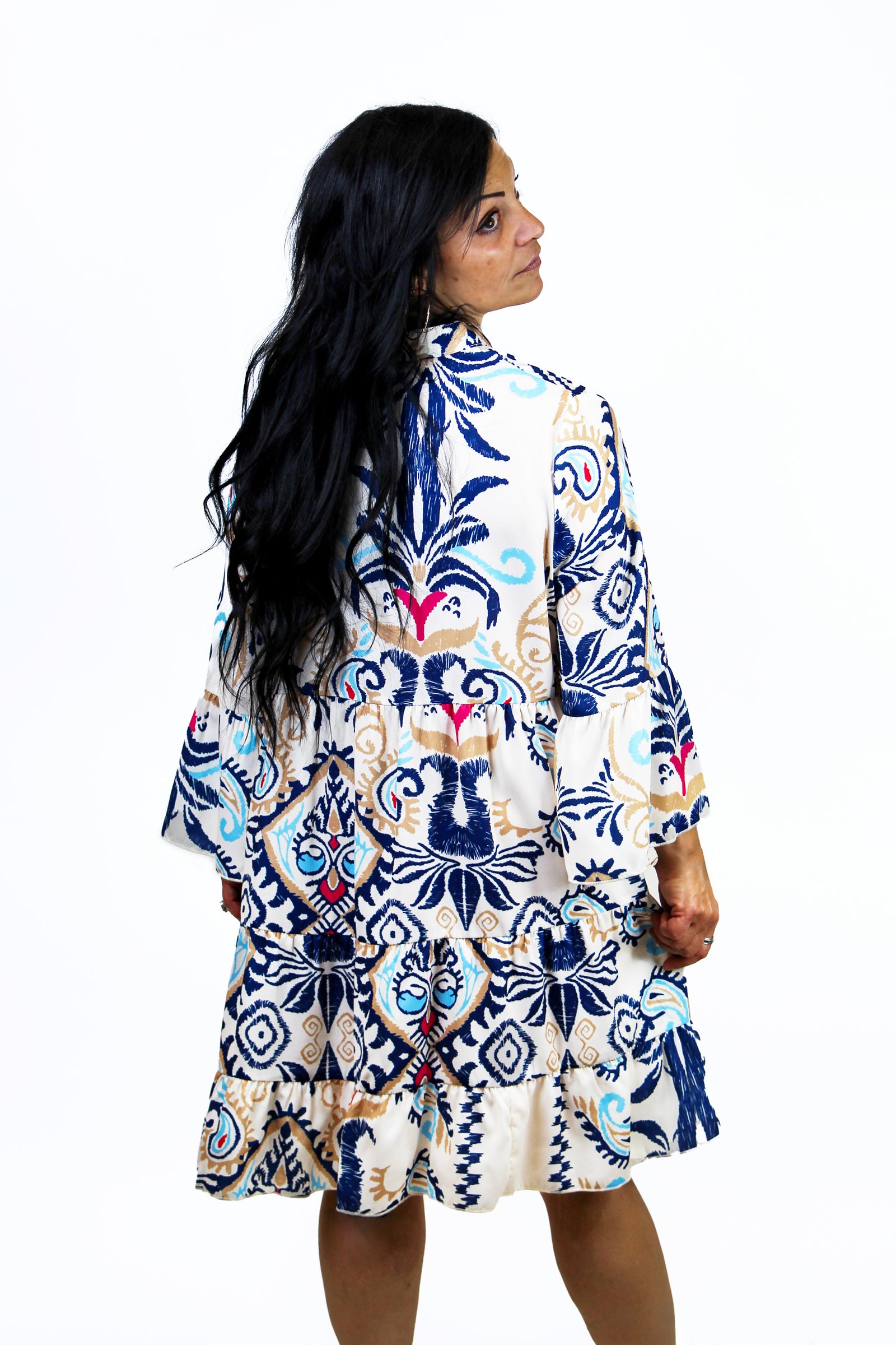 Abstract Paisley Print Button Down Boho Dress w/ 3/4 Sleeves (SALE)