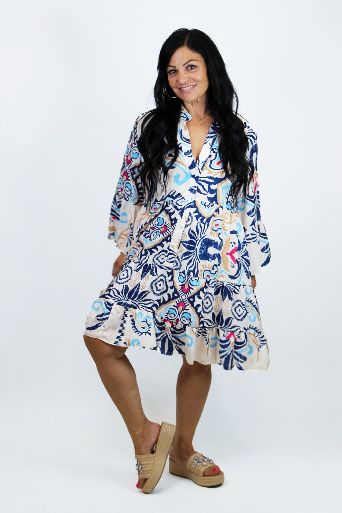 Abstract Paisley Print Button Down Boho Dress w/ 3/4 Sleeves (SALE)