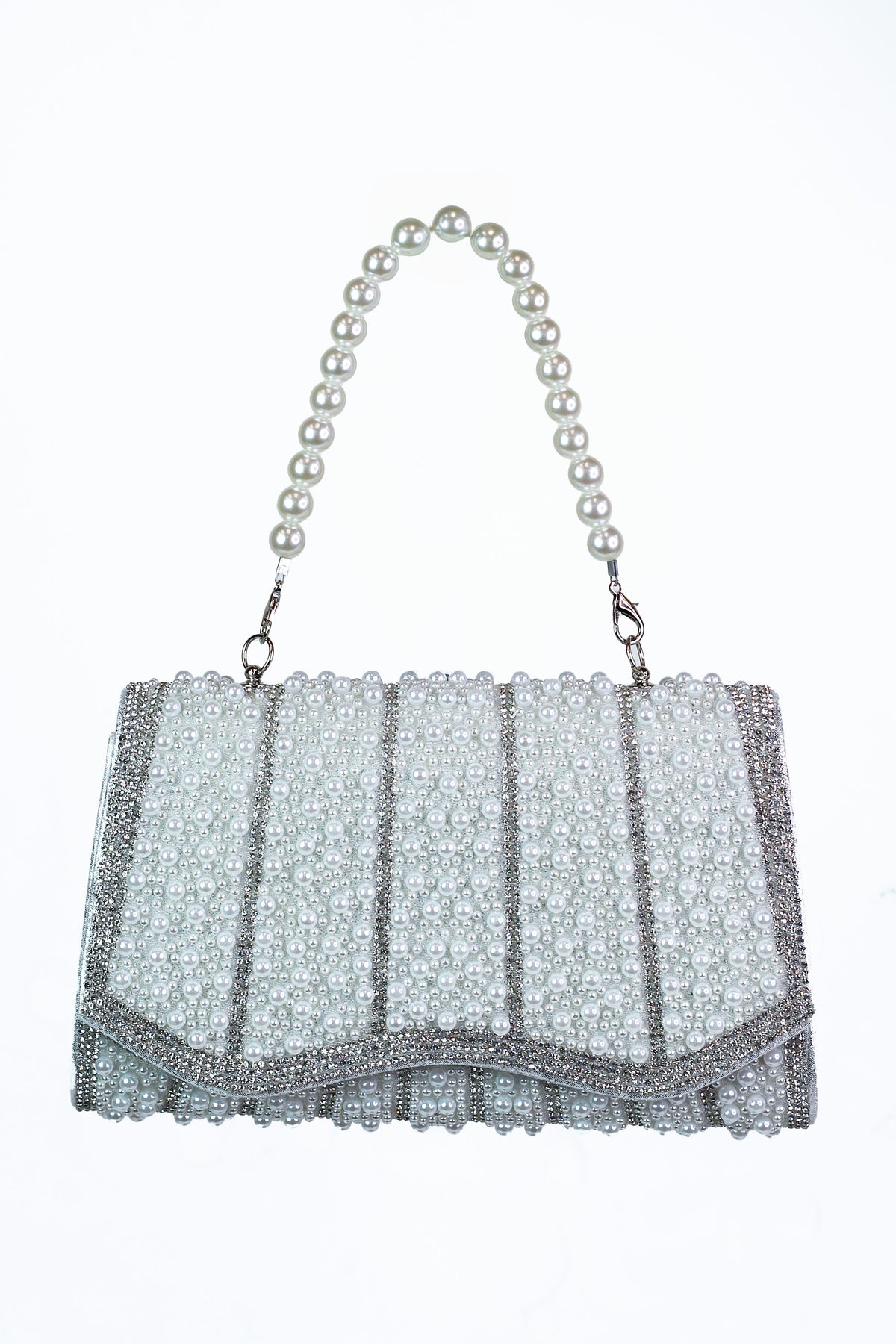 Multi Pearl &amp; Rhinestone Lines Wavy Envelope Clutch
