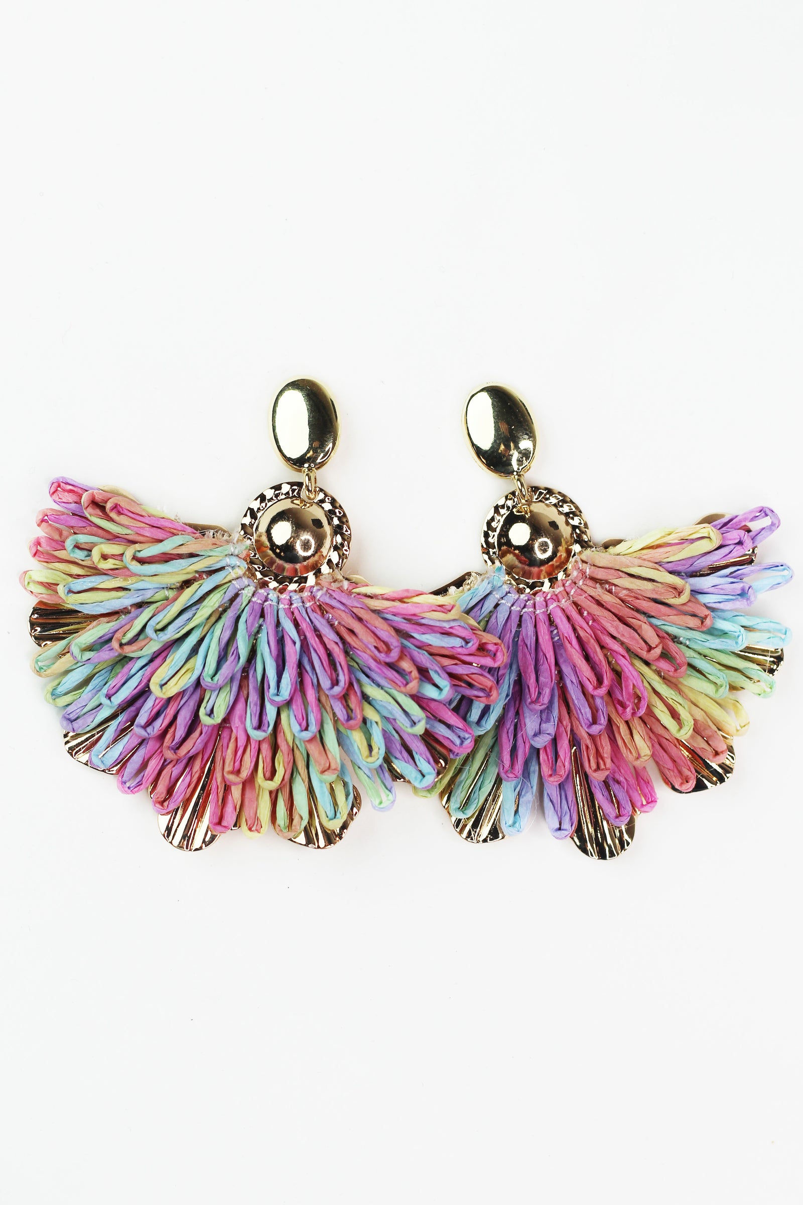 Metal Oval & Dangling Raffia Fan Earrings