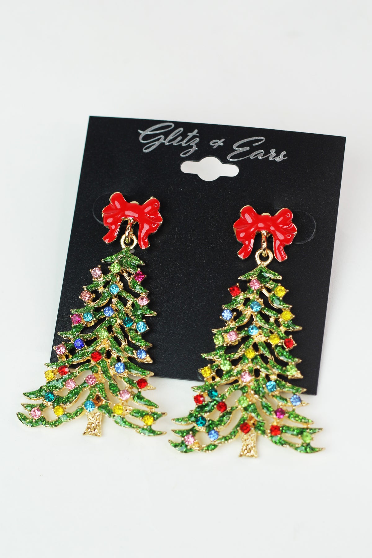 Multicolor Rhinestone & Red Bow Christmas Tree Earrings