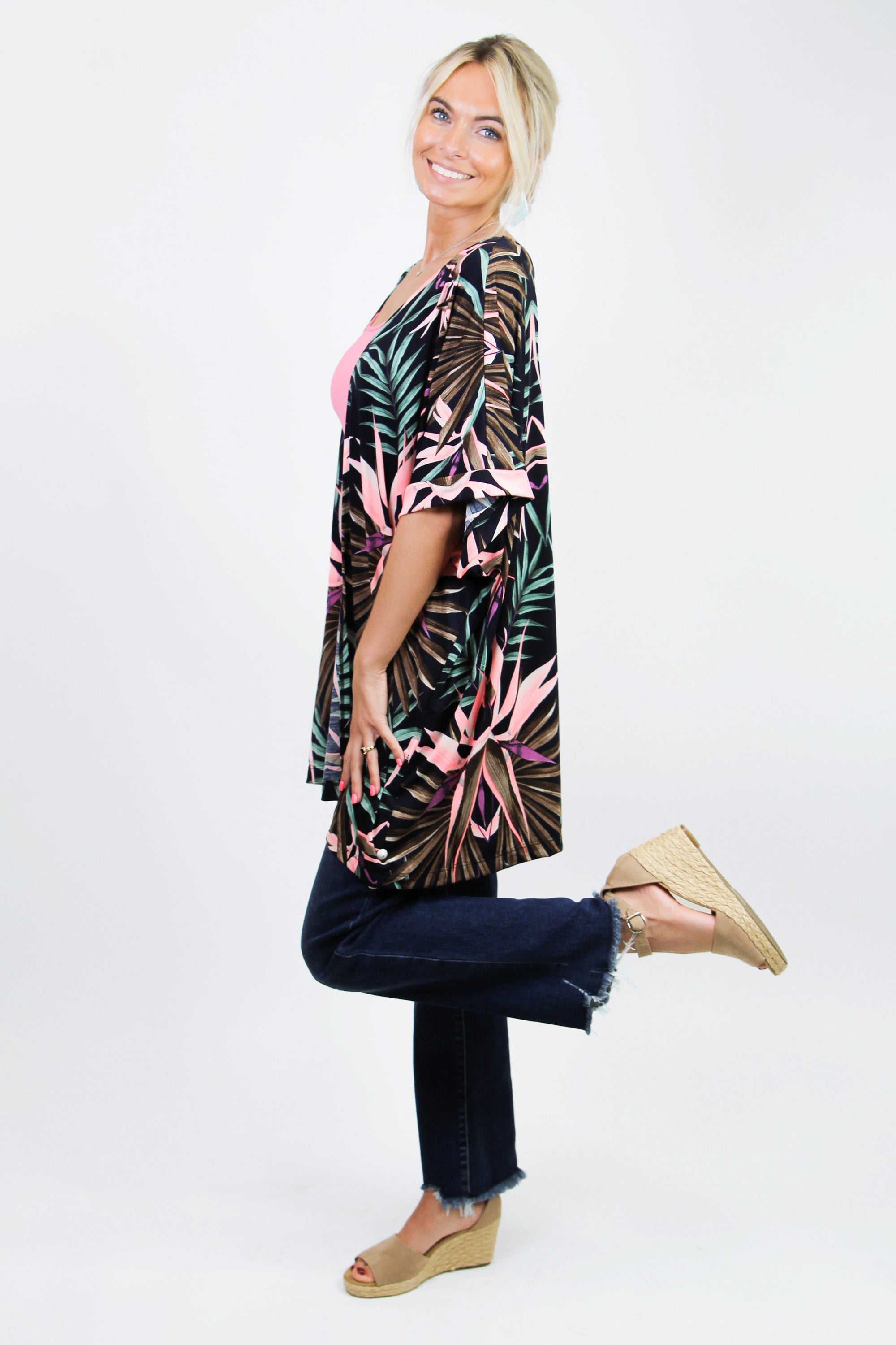 Short Sleeve Tropical Print Open Cardigan (SALE)