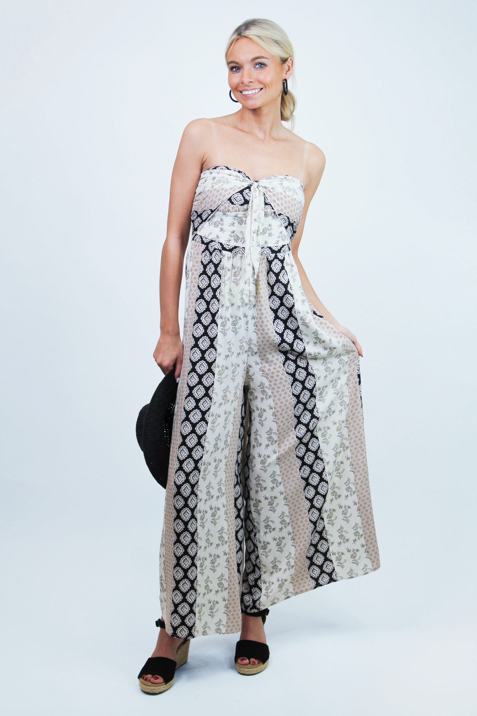 Strapless Boho Print Wide Leg Jumpsuit w/ Front Tie (SALE)