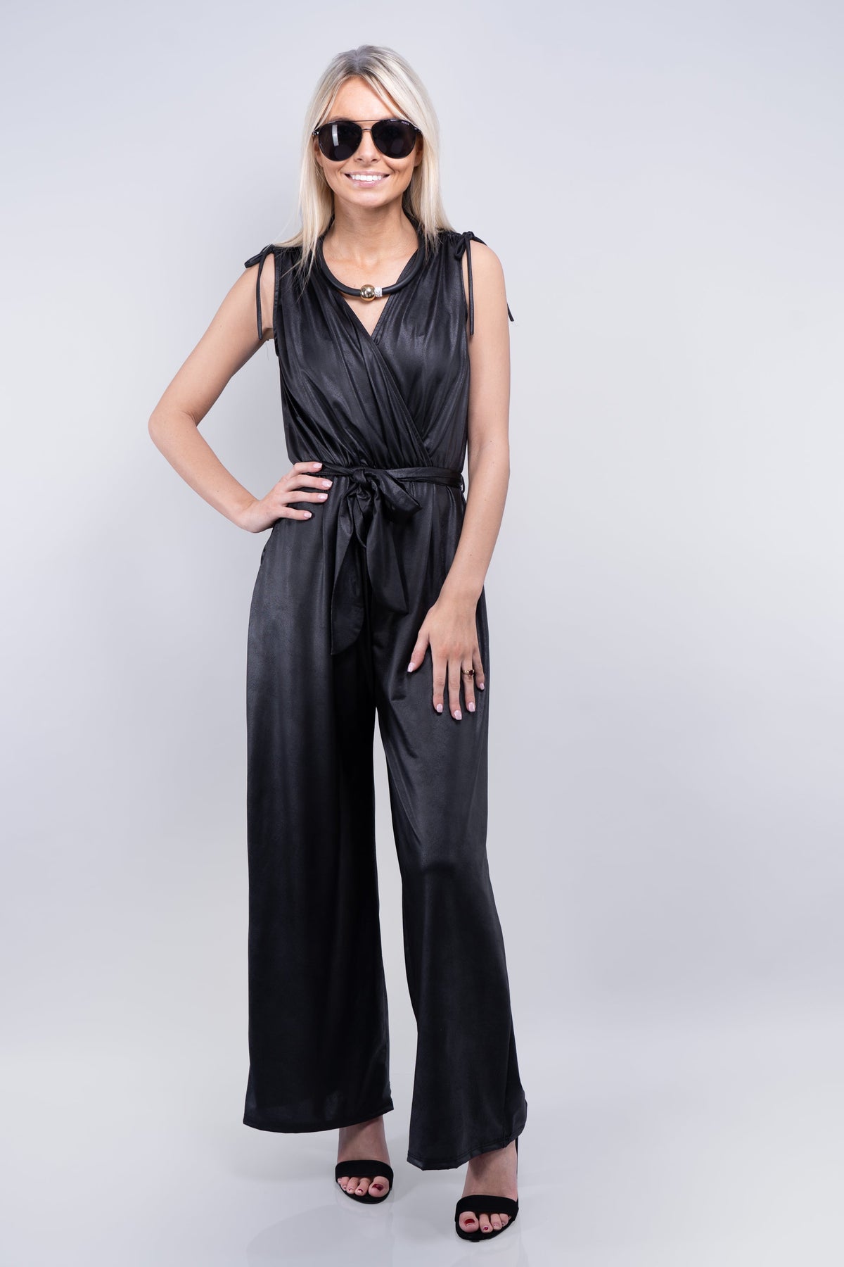Stretchy Faux Leather Surplice Jumpsuit w/ Belt (SALE)