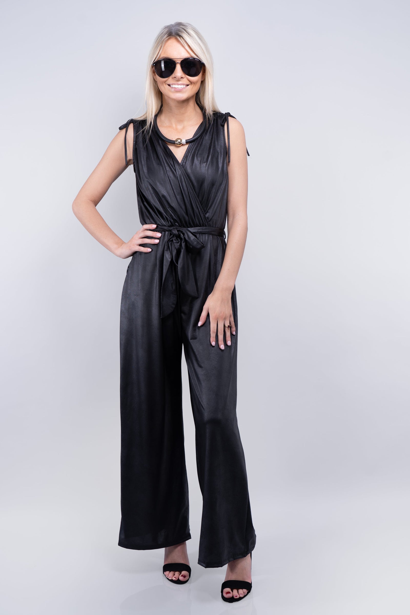 Stretchy Faux Leather Surplice Jumpsuit w/ Belt (SALE)