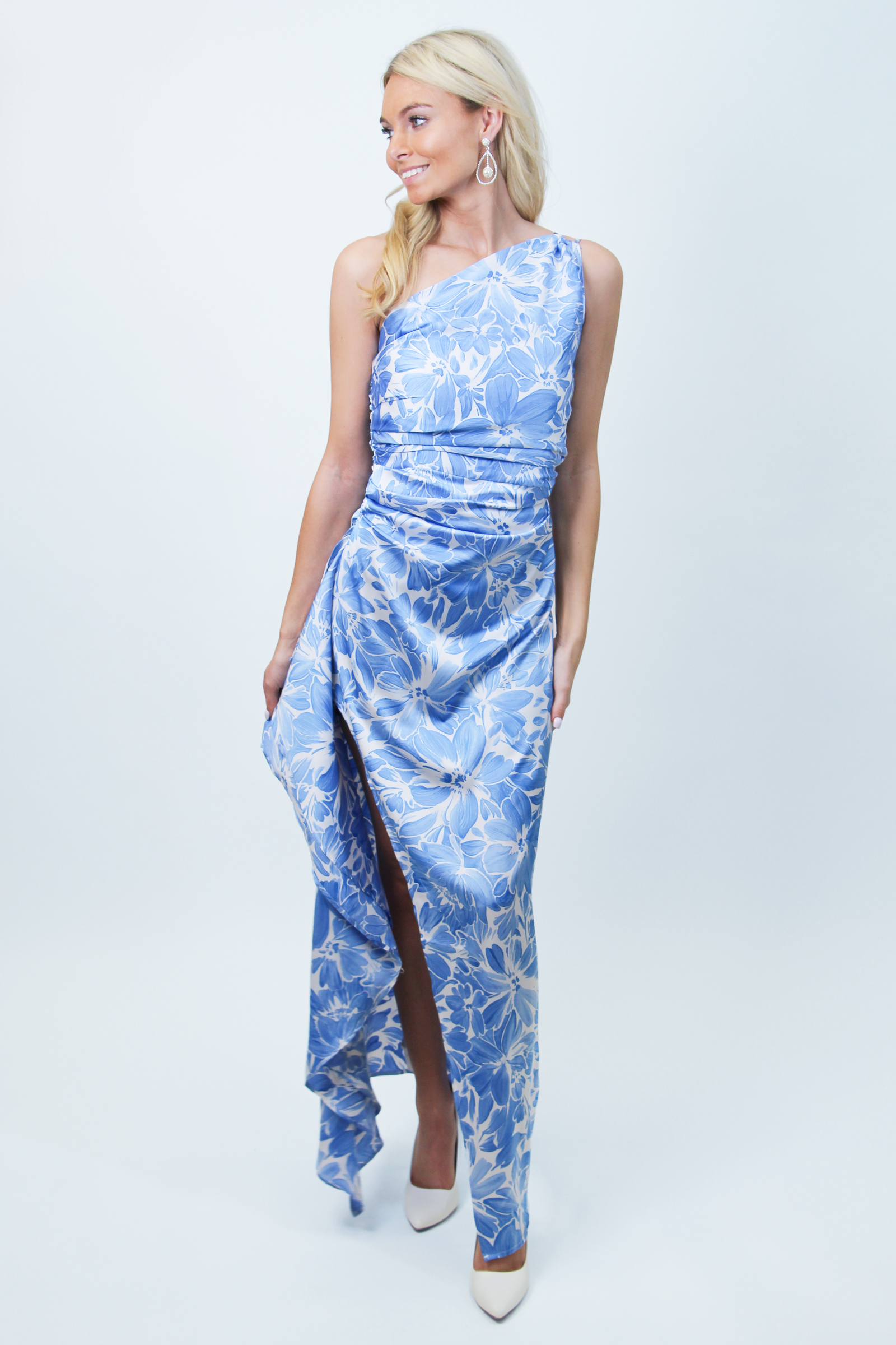 Silky One Shoulder Dress w/ Ruched Waist, Side Flounce and Slit (SALE)