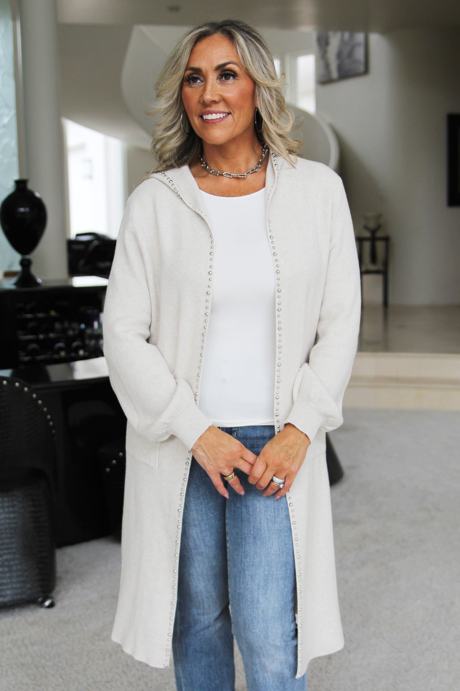 Open Long  Knit Cardigan W/ Studs