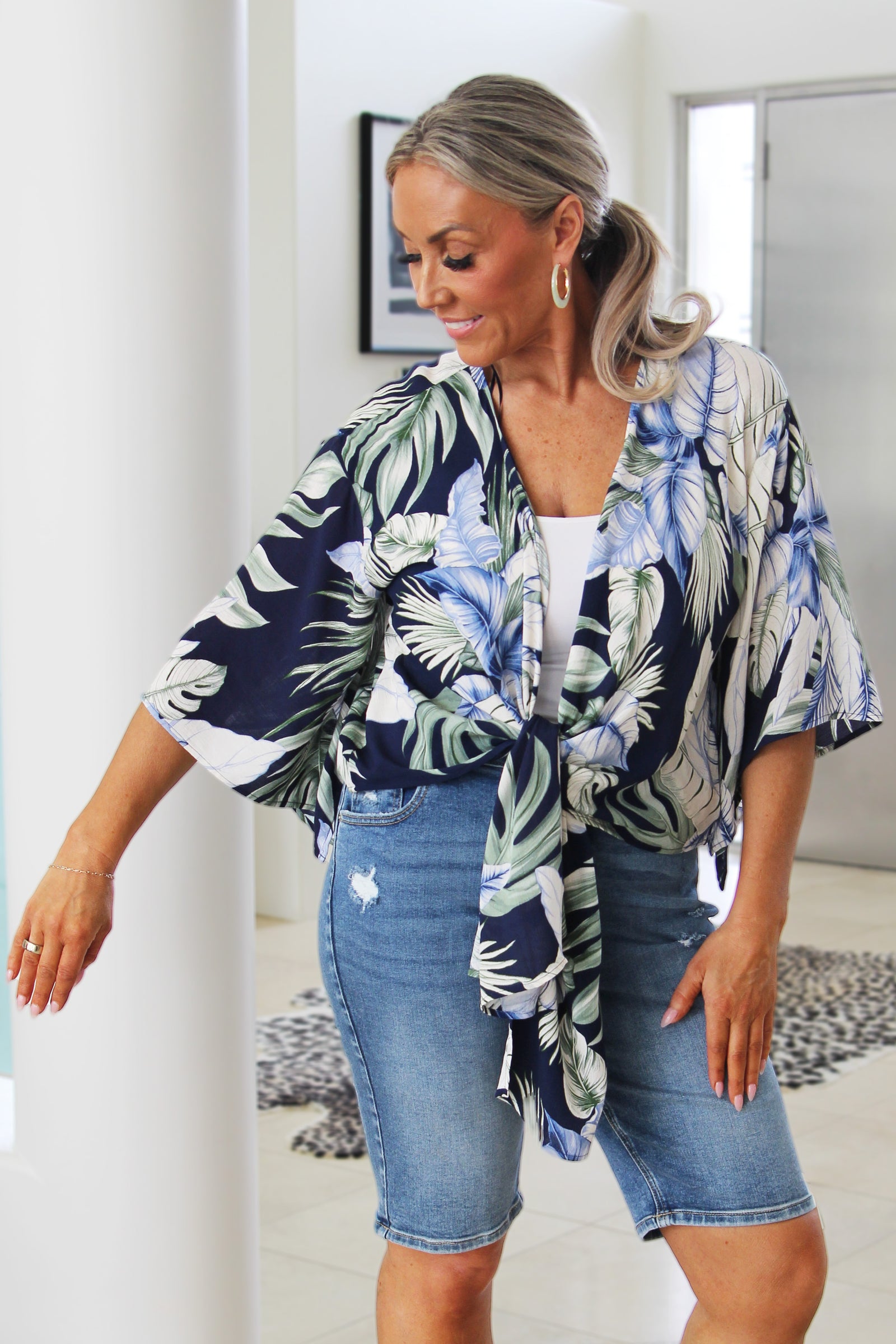 Tropical Floral Three Quarter Tie Front Kimono Cardigan