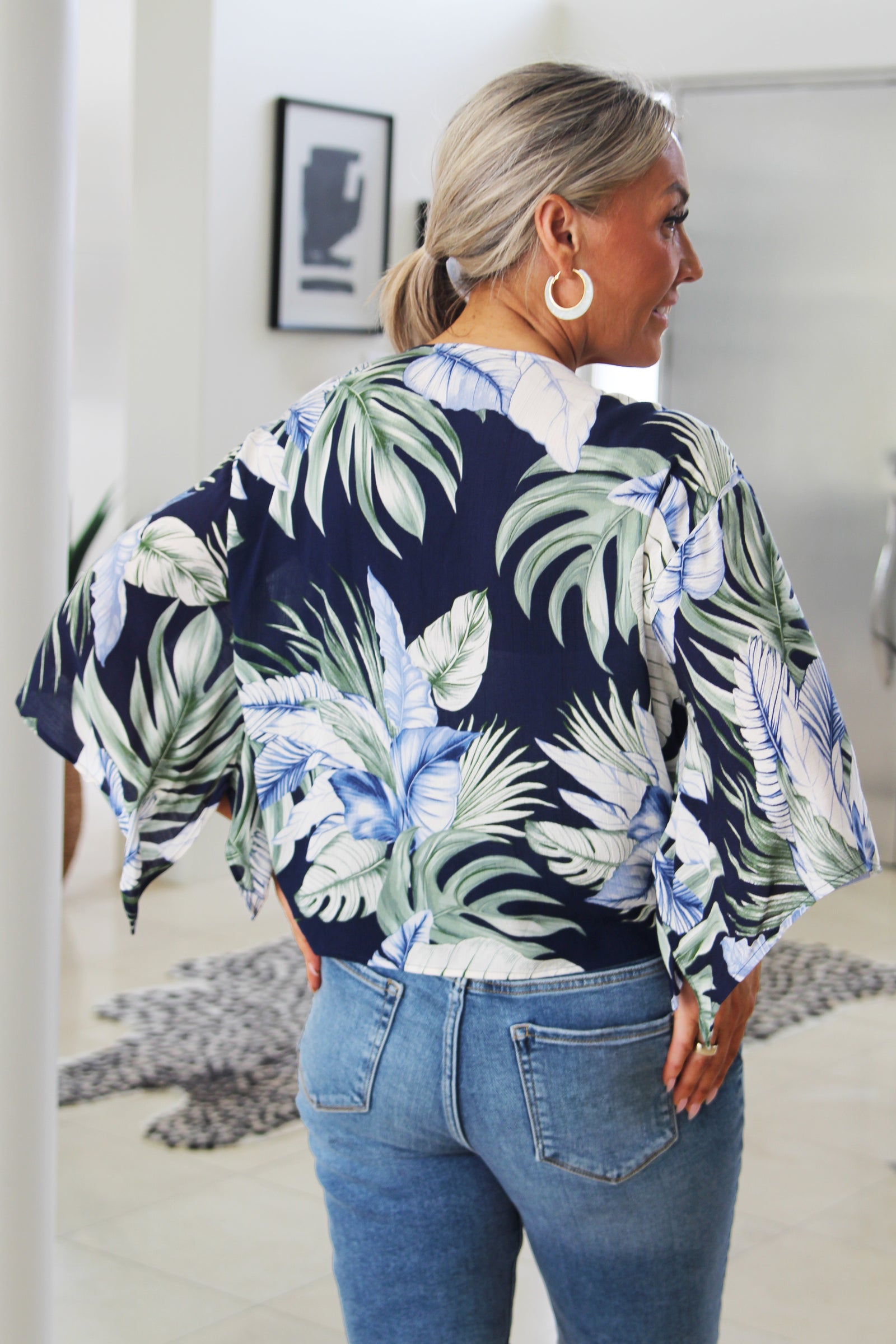Tropical Floral Three Quarter Tie Front Kimono Cardigan