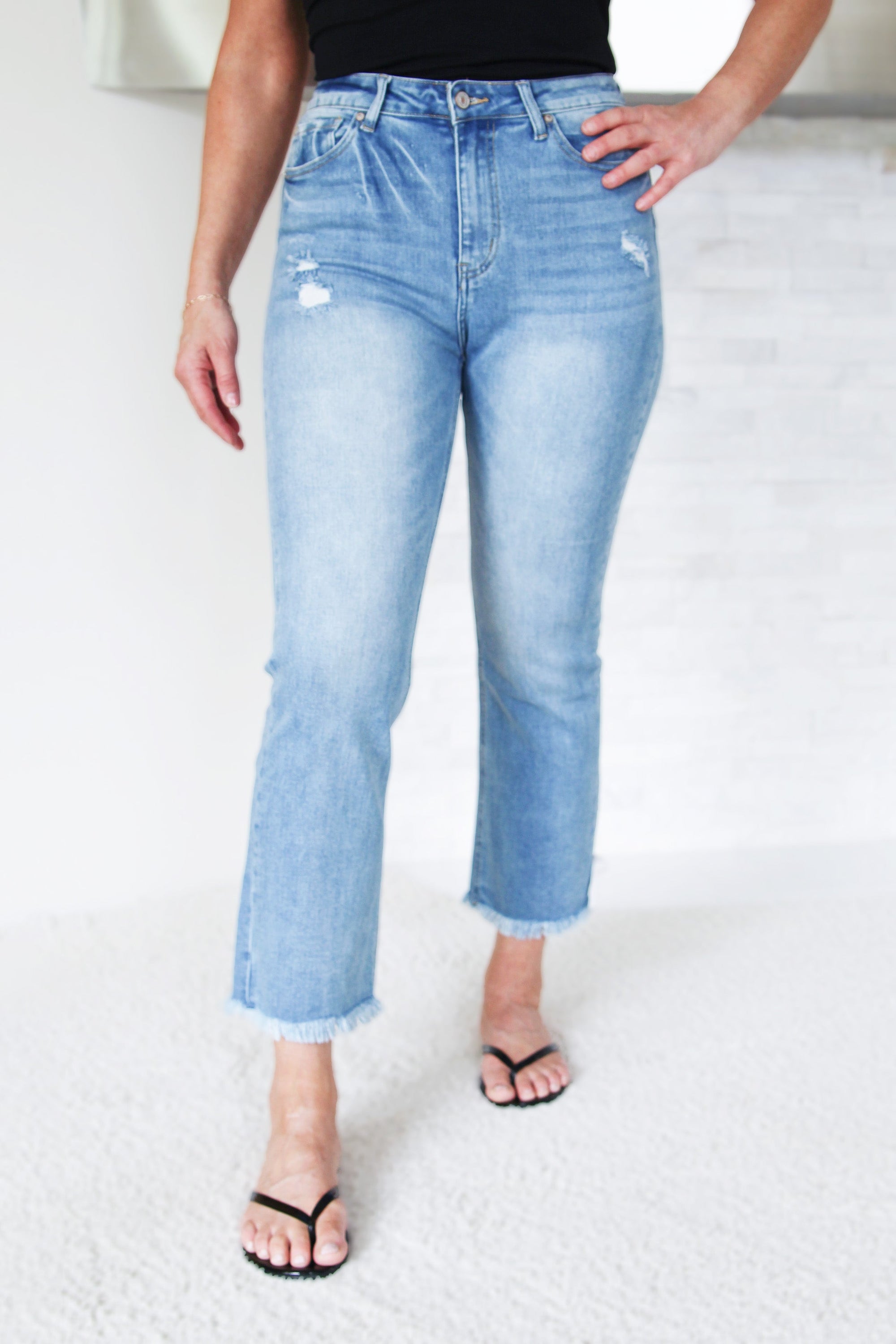 High Rise Distressed Straight Raw Hem Cropped Jeans