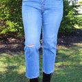 Distressed High Rise Slim Straight Jeans w/ Raw Hem