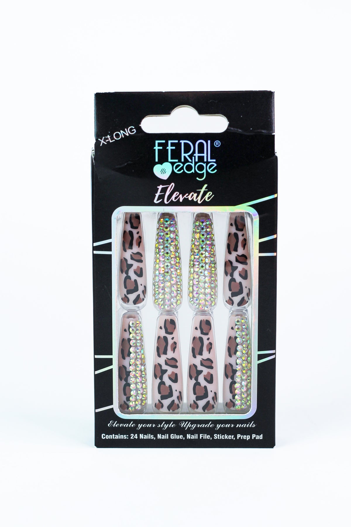 Leopard Print &amp; Rhinestone Long Coffin Press On Nails