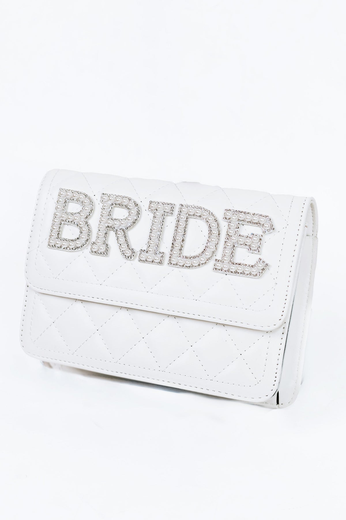"Bride" Rhinestone & Pearl Quilted Purse w/ Pearl Strap - Glitz & Ears Boutique