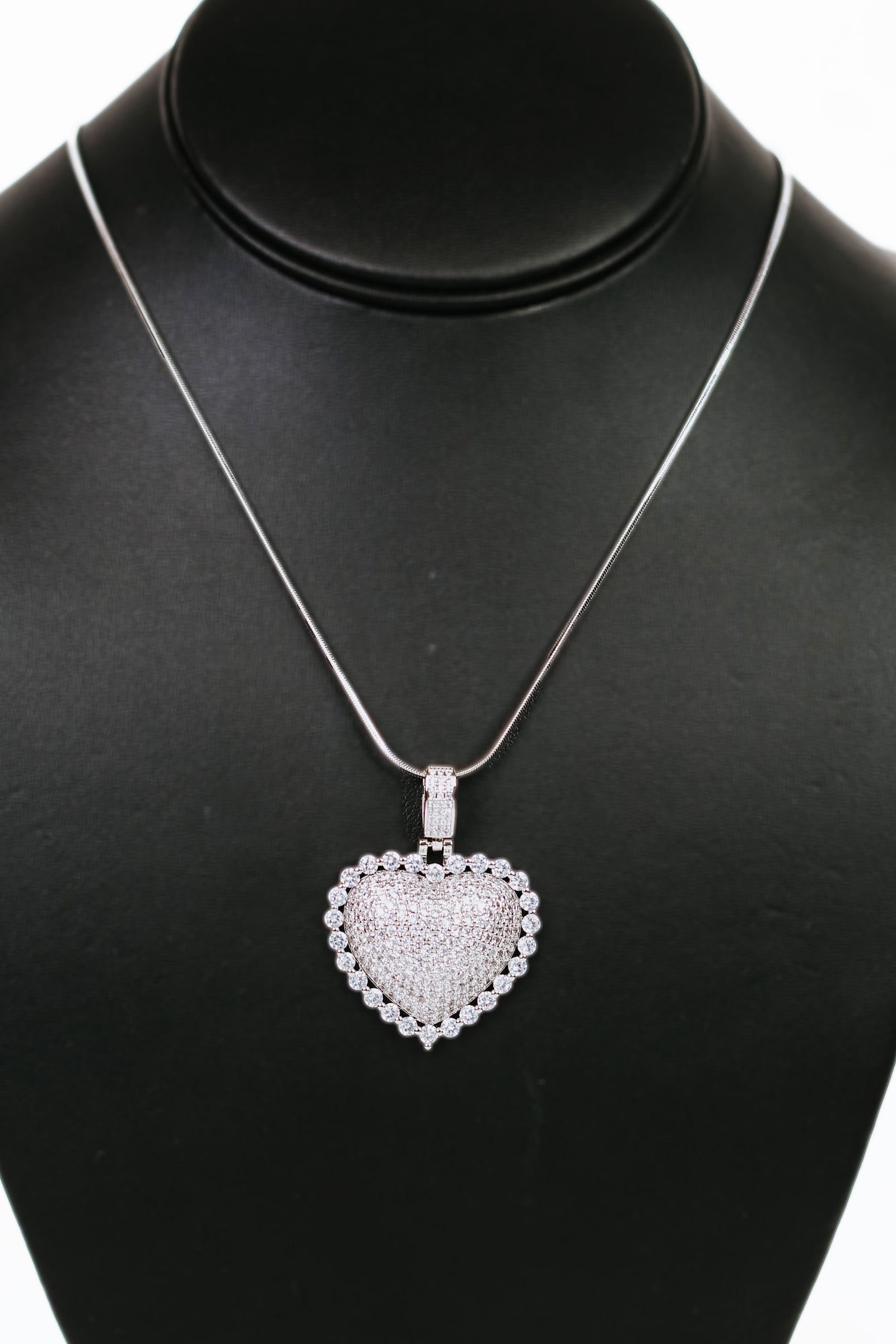 Stone Trim Raised Pave Heart Necklace