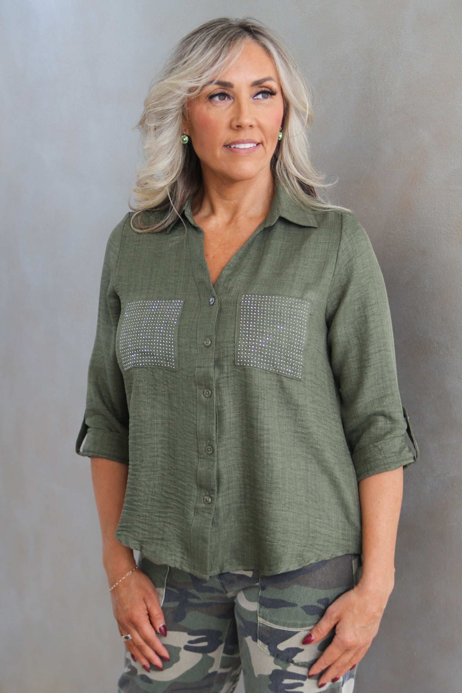 Button Down Shirt w/ Rhinestone Pockets