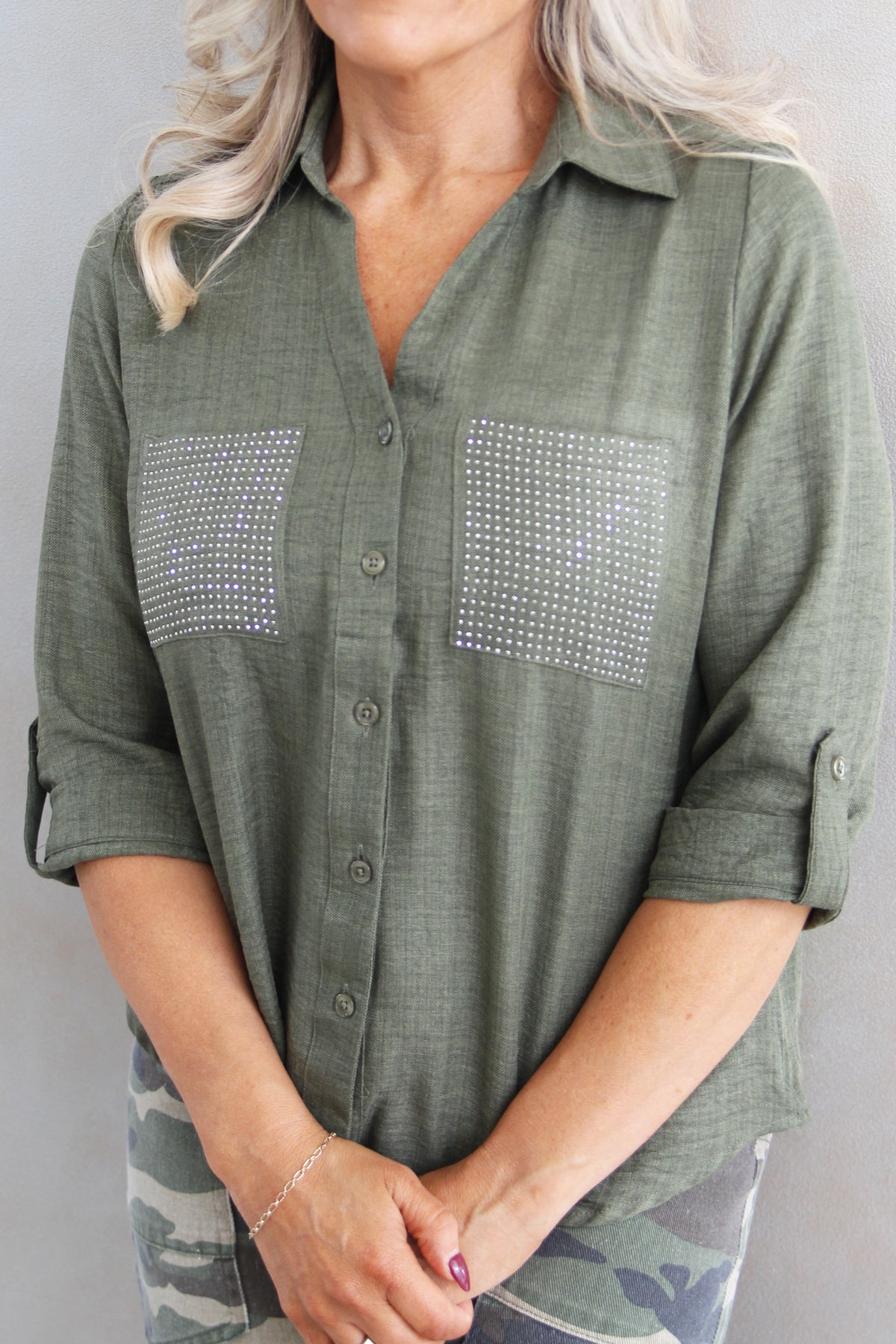 Button Down Shirt w/ Rhinestone Pockets