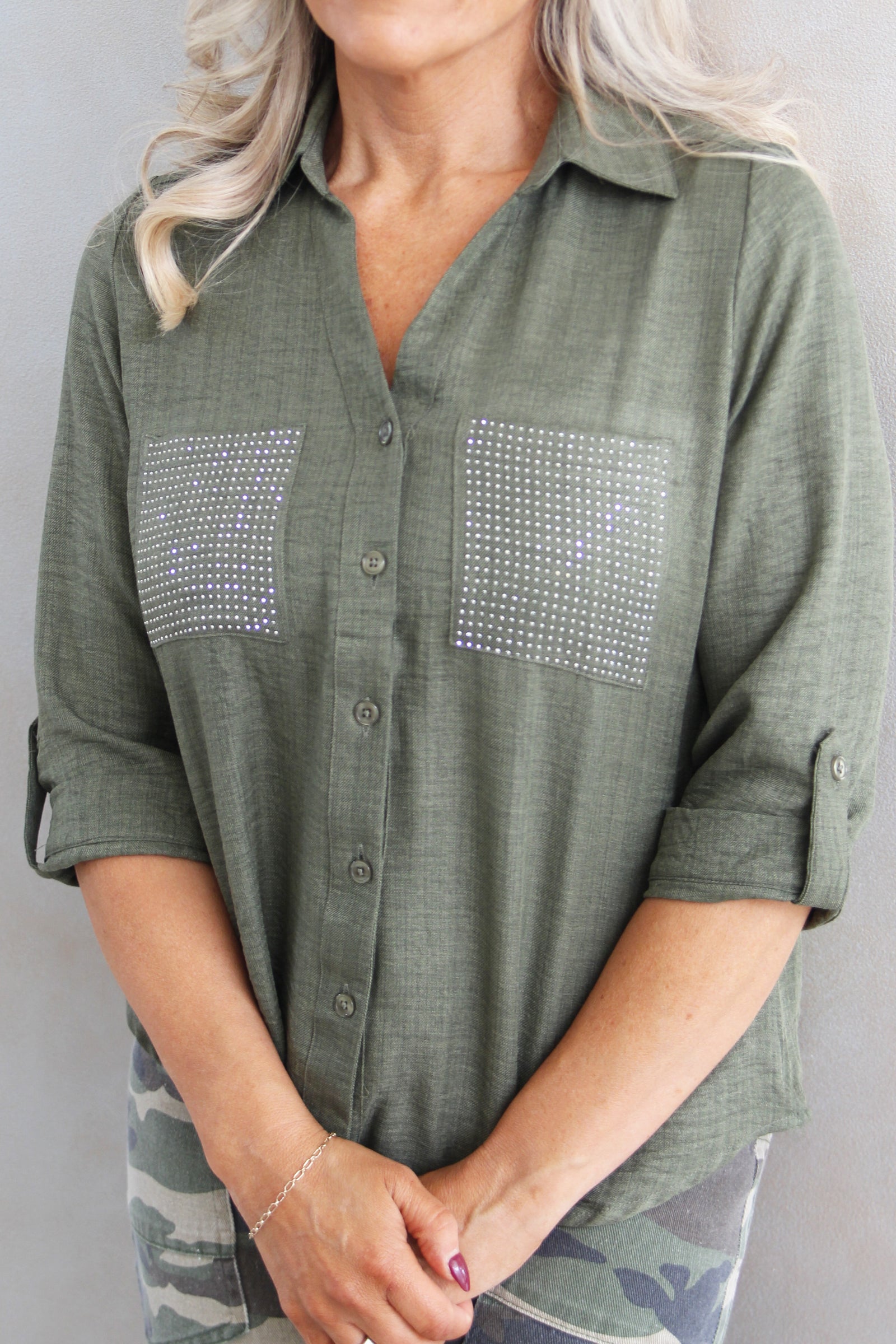 Button Down Shirt w/ Rhinestone Pockets